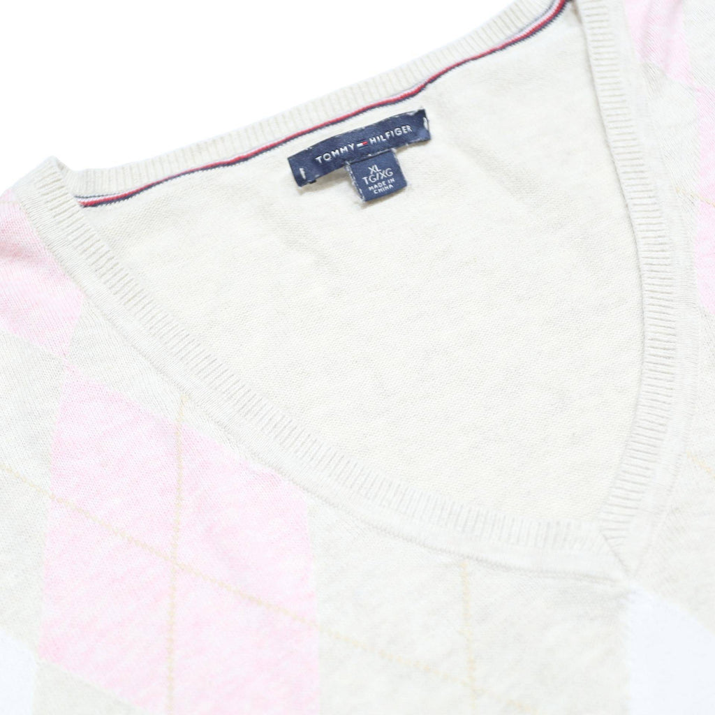 TOMMY HILFIGER Womens Cream Beige Pink Argyle Pattern V-Neck Slim Jumper XL