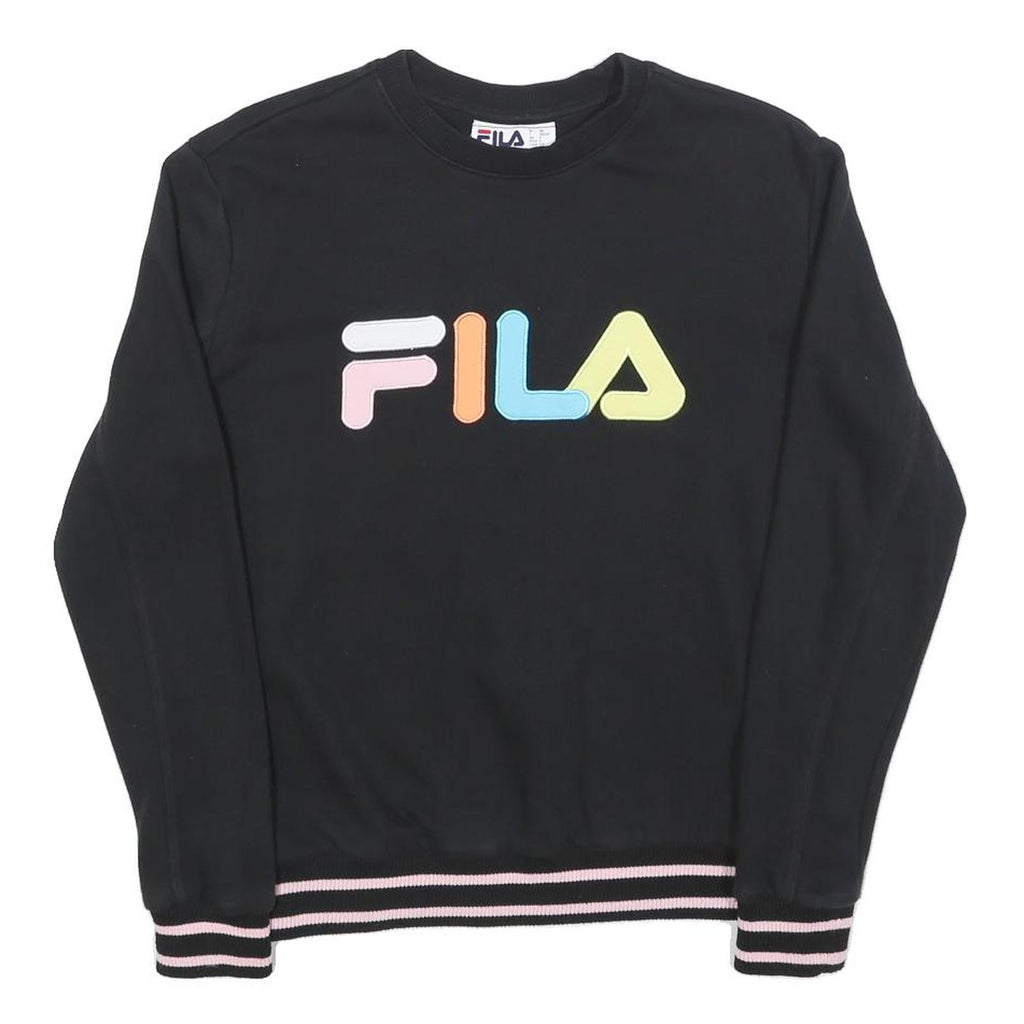 FILA Womens Black Crew Neck S Colourful Logo Sweatshirt Striped Cuffs