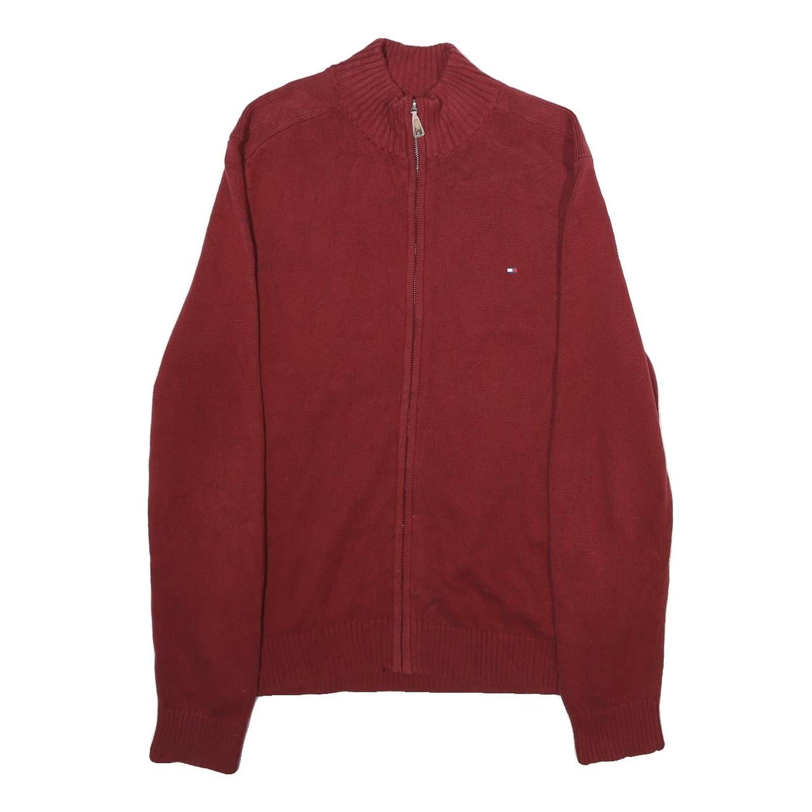 TOMMY HILFIGER Mens Red Jumper Patterned Full Zip Crew Neck Basic Knit L Cotton