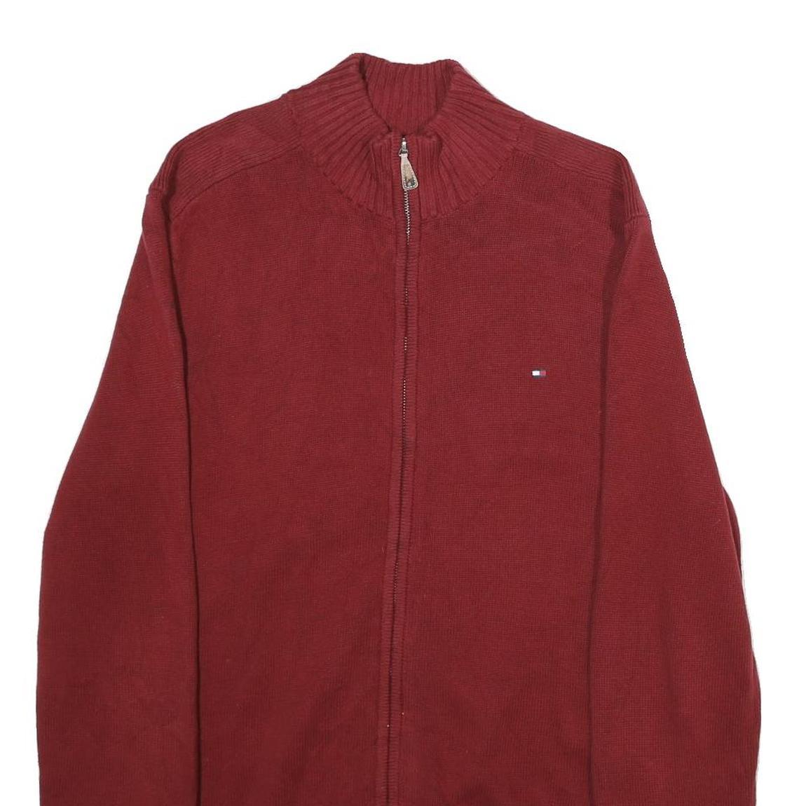 TOMMY HILFIGER Mens Red Jumper Patterned Full Zip Crew Neck Basic Knit L Cotton