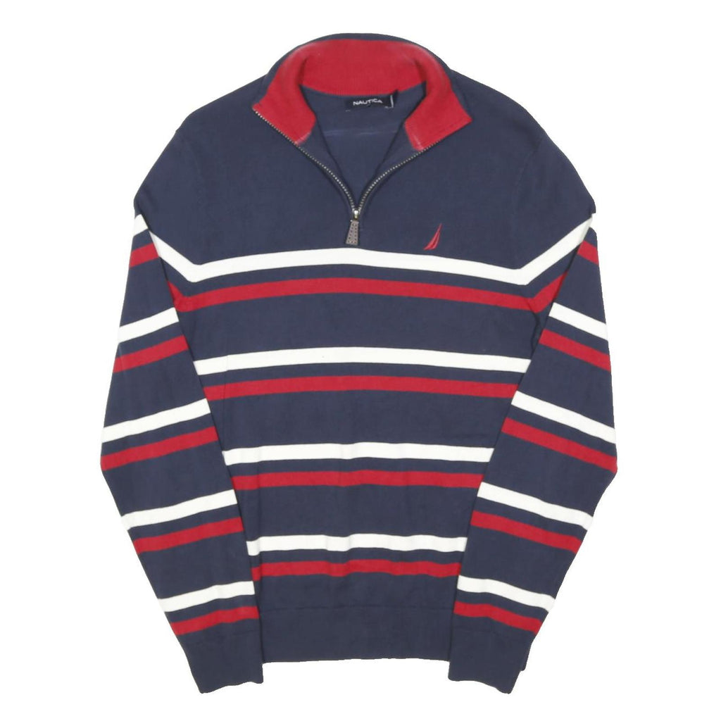 NAUTICA Mens Navy Blue & Red Striped Plain 1/4 Zip Basic Knit Jumper S Cotton