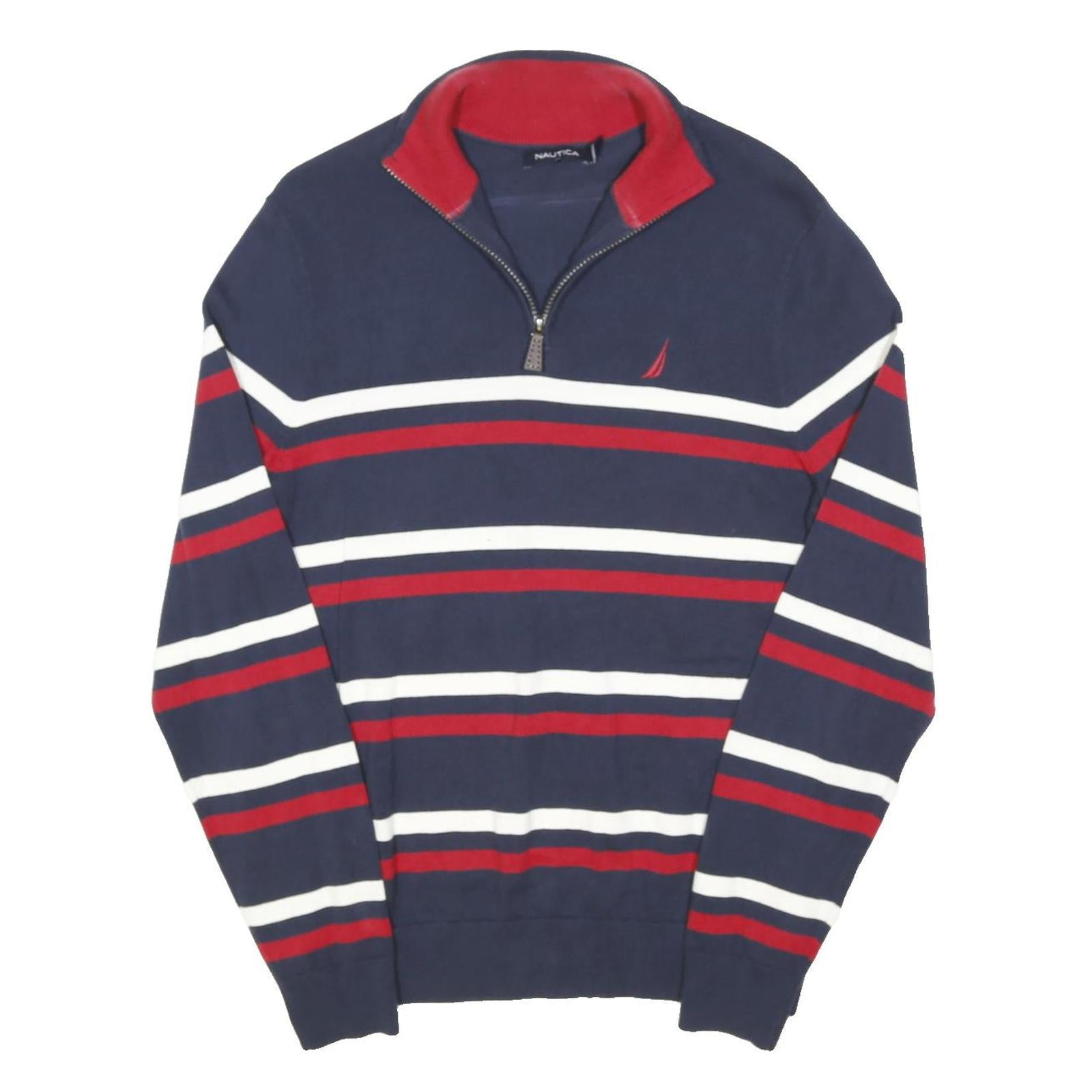 NAUTICA Mens Navy Blue & Red Striped Plain 1/4 Zip Basic Knit Jumper S Cotton