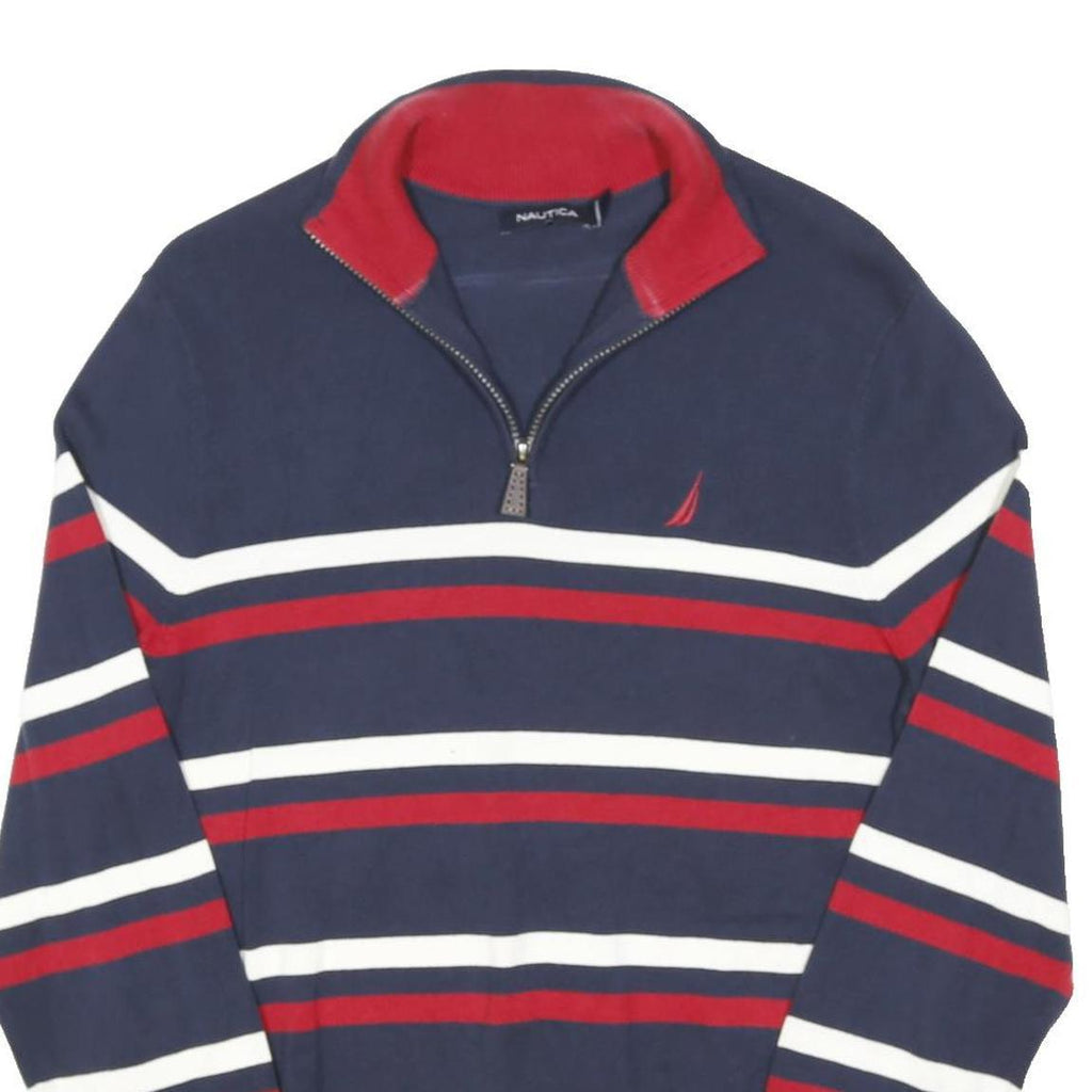 NAUTICA Mens Navy Blue & Red Striped Plain 1/4 Zip Basic Knit Jumper S Cotton