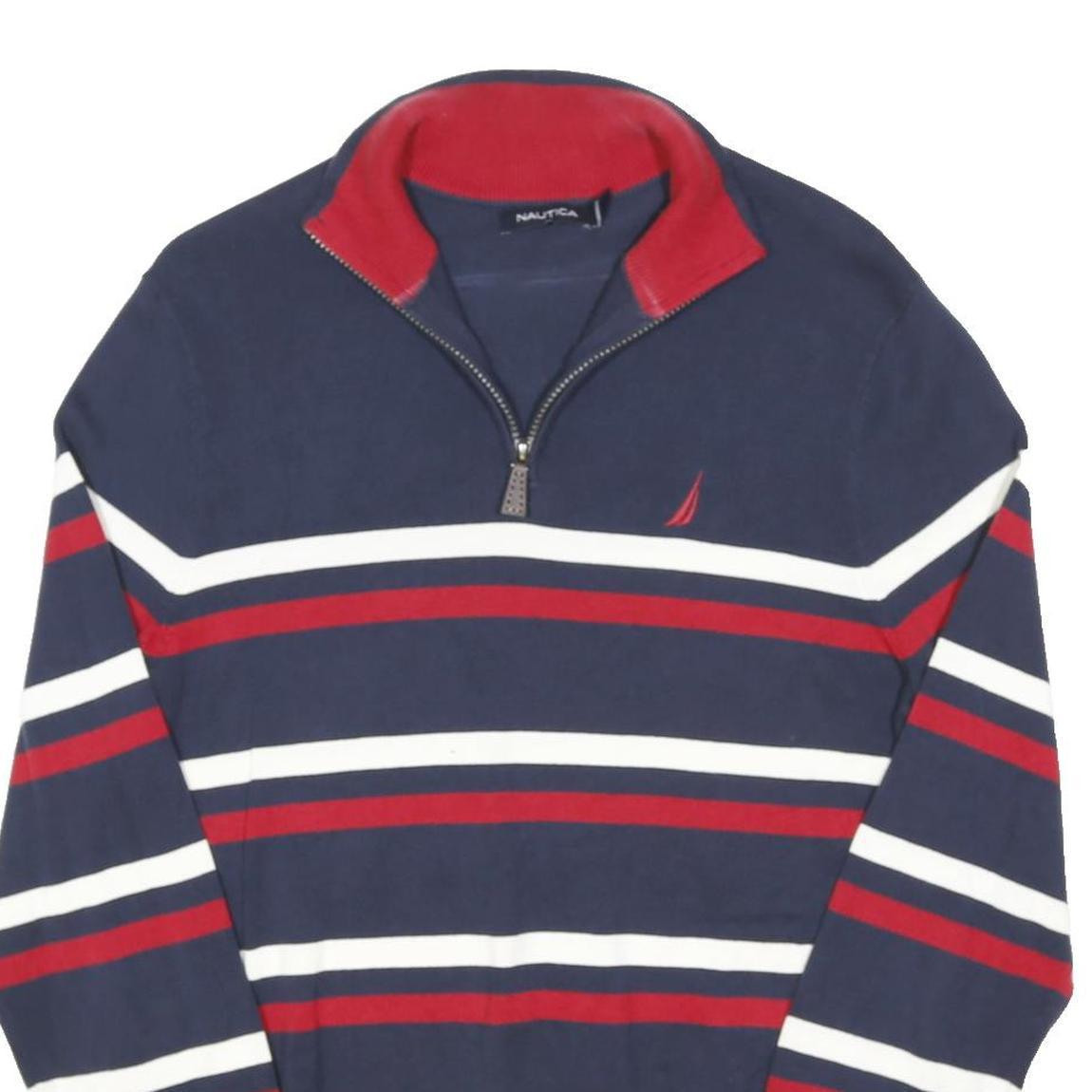 NAUTICA Mens Navy Blue & Red Striped Plain 1/4 Zip Basic Knit Jumper S Cotton