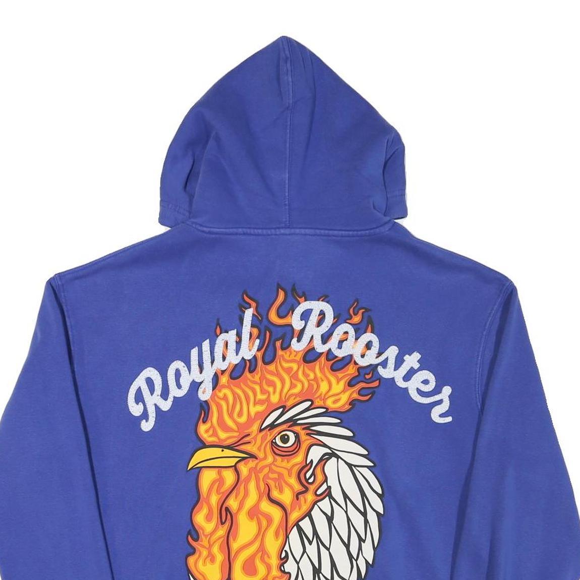 PULL & BEAR Mens Blue Hoodie M Royal Rooster Print Cotton Blend Pullover