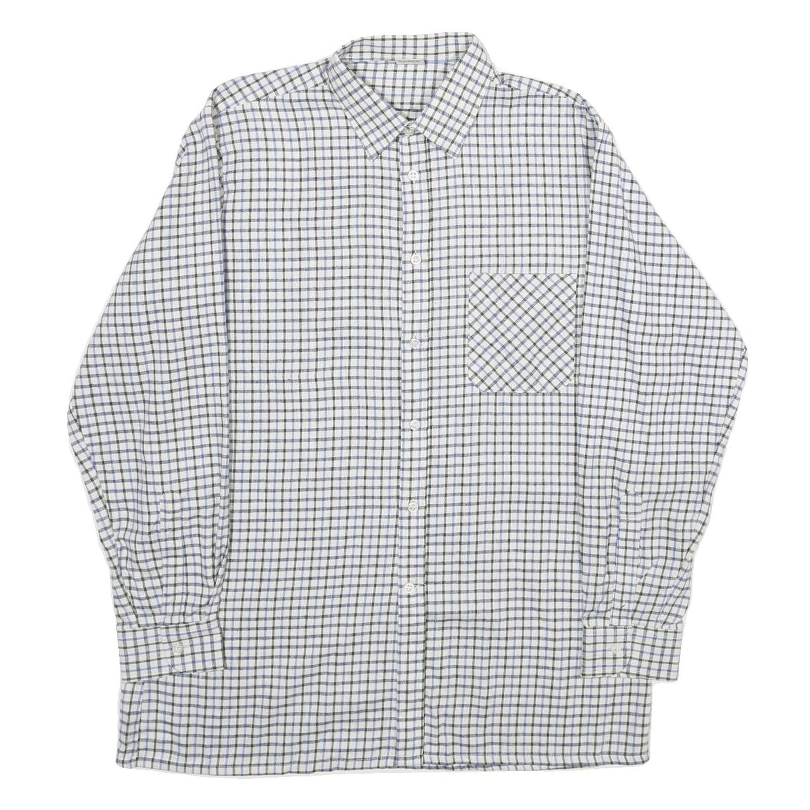 Mens White Blue Check Cotton Shirt M Classic Button Collar Long Sleeve