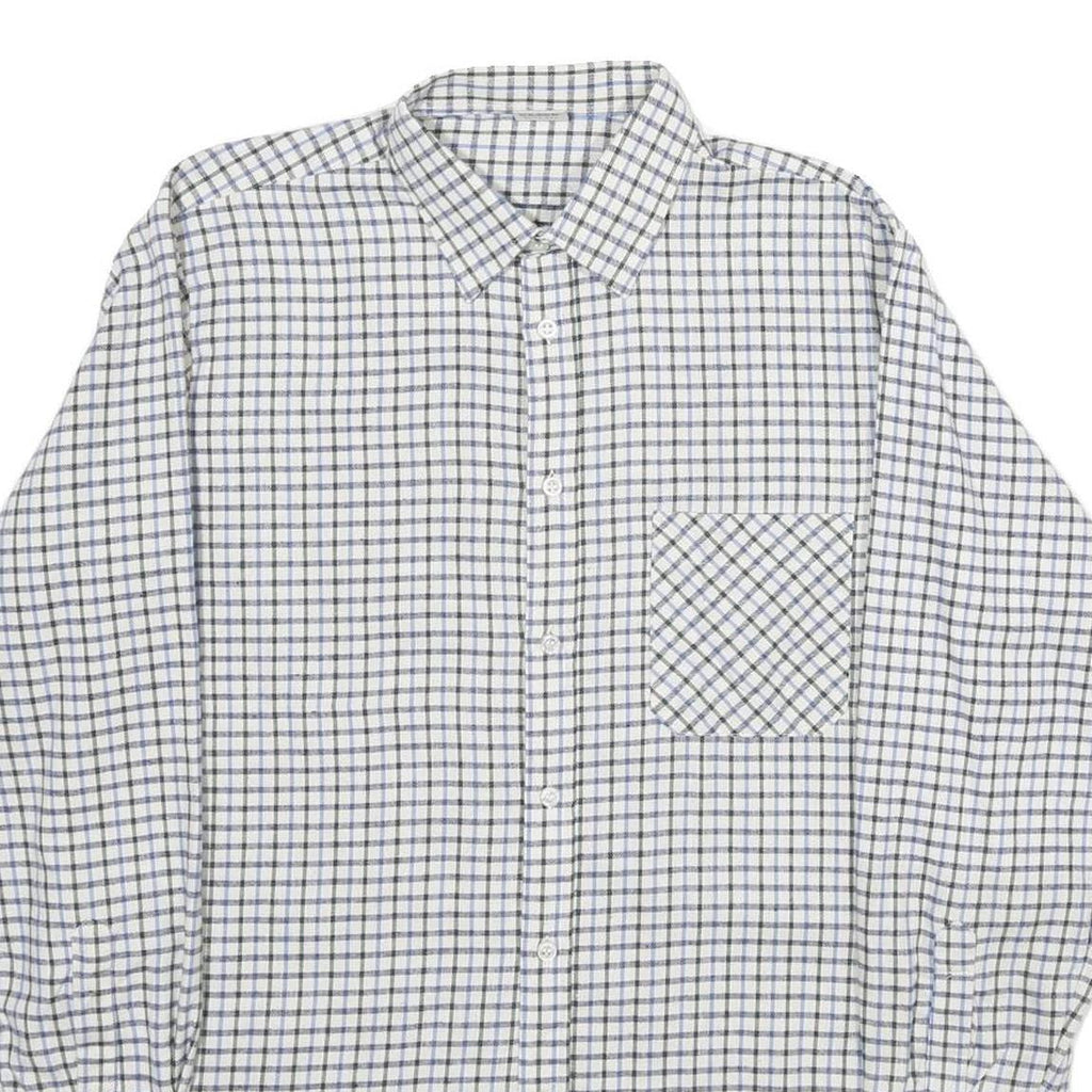 Mens White Blue Check Cotton Shirt M Classic Button Collar Long Sleeve