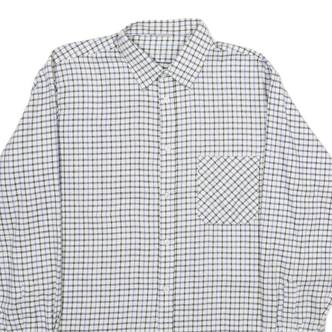 Mens White Blue Check Cotton Shirt M Classic Button Collar Long Sleeve