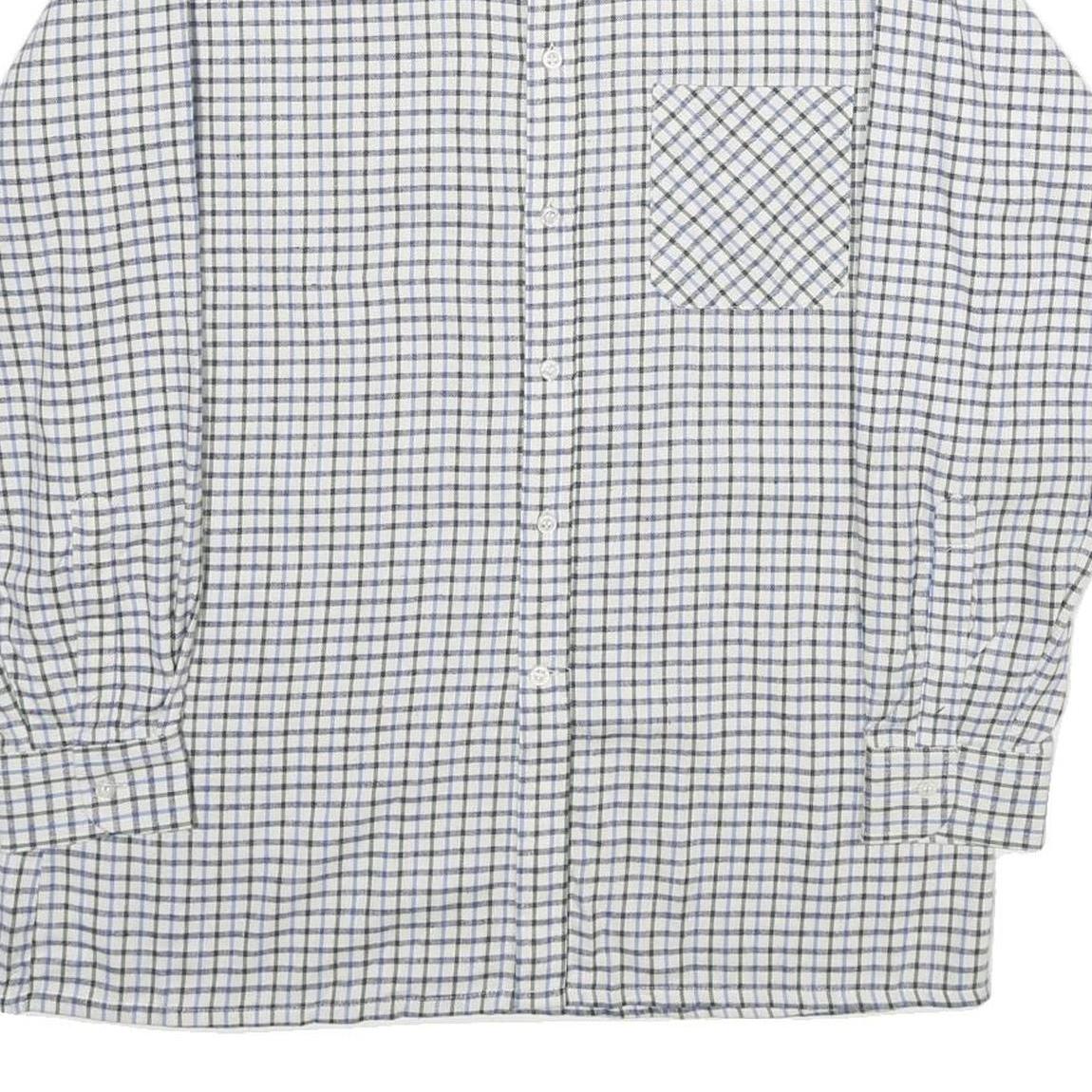 Mens White Blue Check Cotton Shirt M Classic Button Collar Long Sleeve