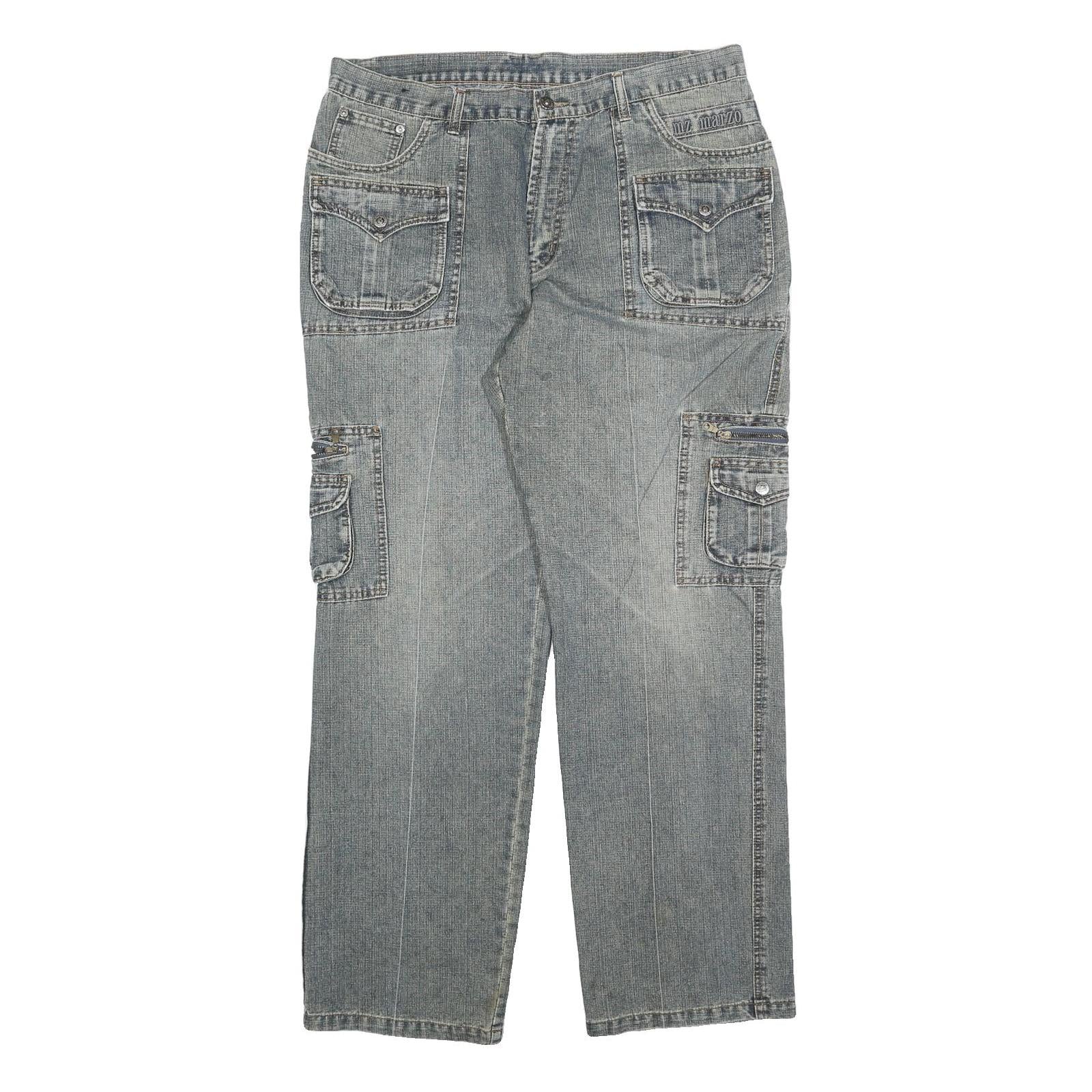 MARZO Mens Relaxed Cargo Denim Jeans Blue W36 L32 Utility Casual Zip