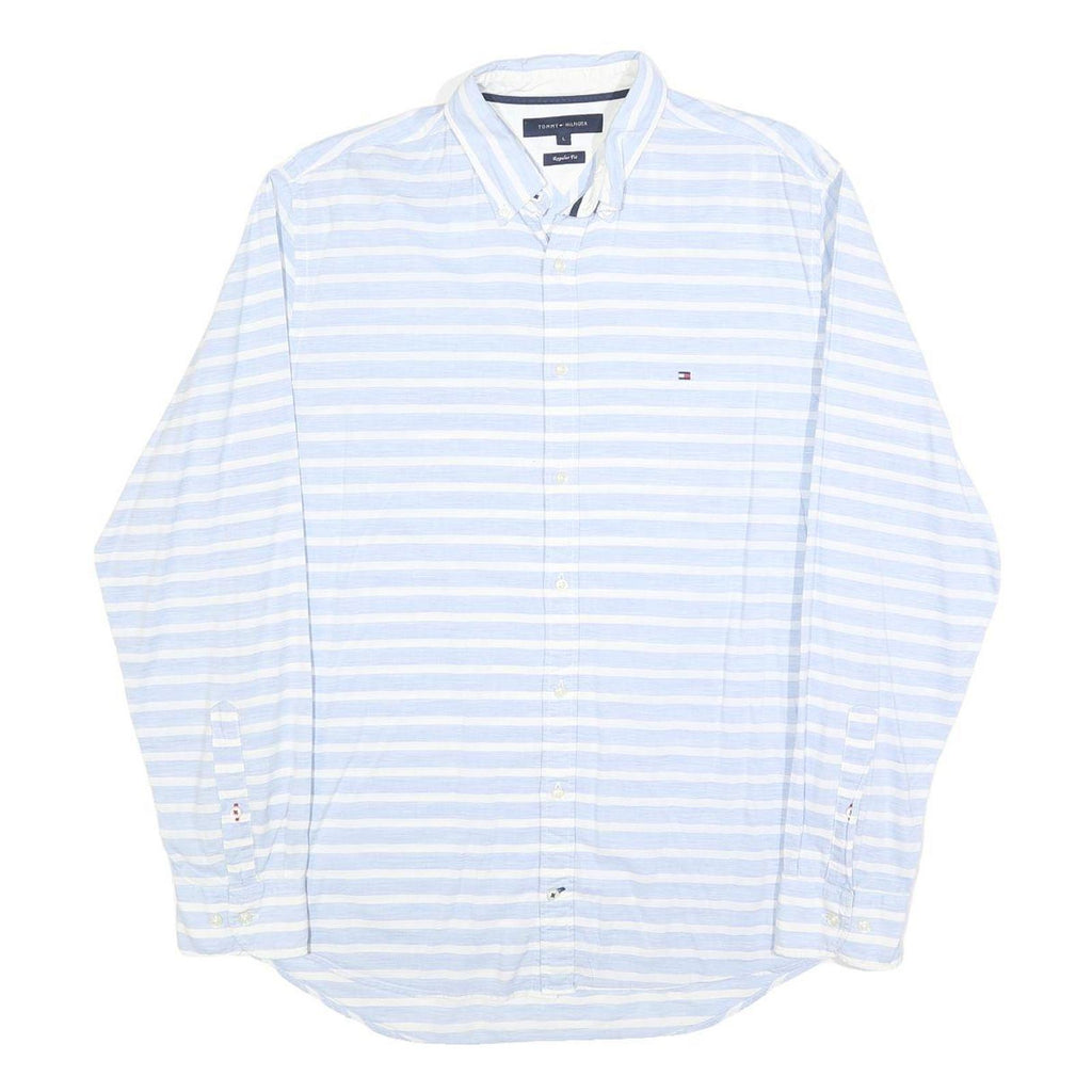 TOMMY HILFIGER Mens Blue & White Striped Shirt L Button-Down Collar Casual