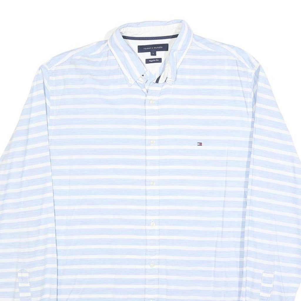 TOMMY HILFIGER Mens Blue & White Striped Shirt L Button-Down Collar Casual