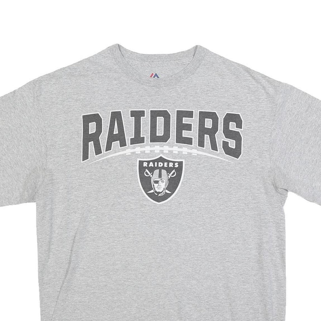 MAJESTIC Mens Grey Raiders Graphic T-Shirt L Short Sleeve Crew Neck Cotton
