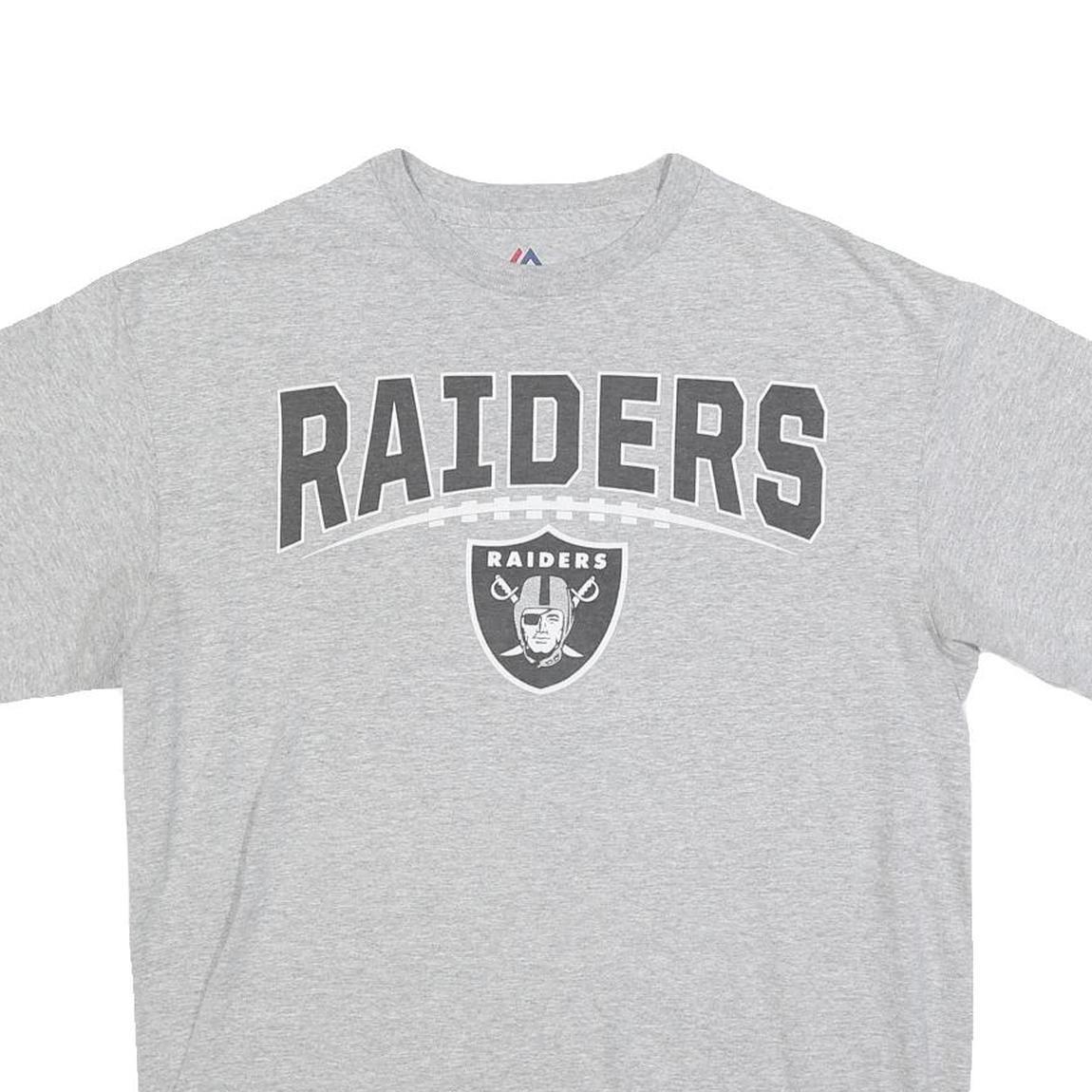 MAJESTIC Mens Grey Raiders Graphic T-Shirt L Short Sleeve Crew Neck Cotton