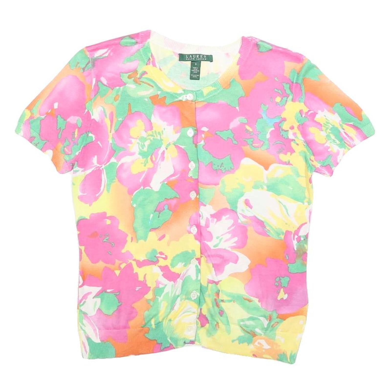 LAUREN RALPH LAUREN Womens Pink & Green Floral Patterned Cotton Button Up Jumper