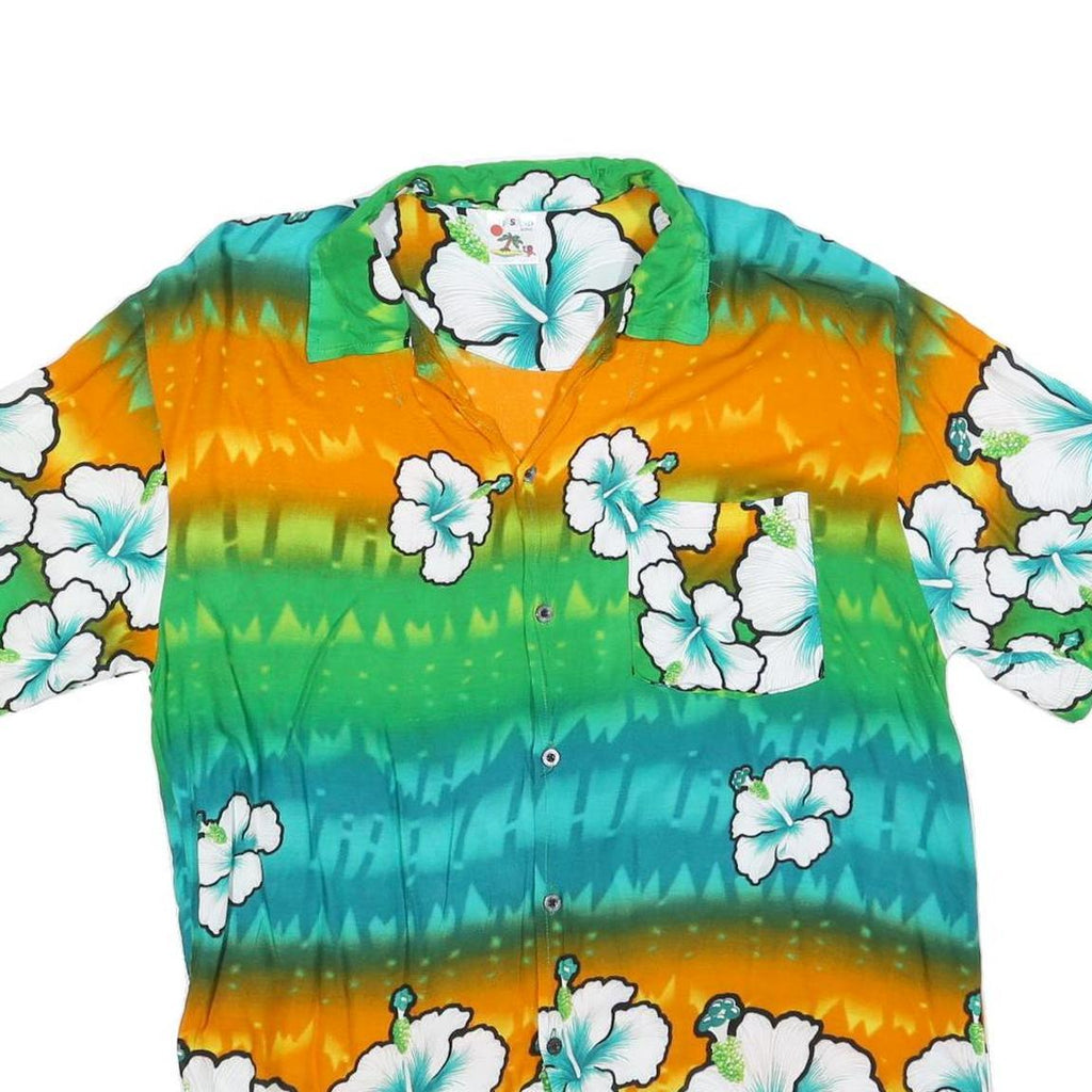 ISLAND EXPRESSIONS Mens Green & Orange Floral Hawaiian Shirt S Cotton Blend