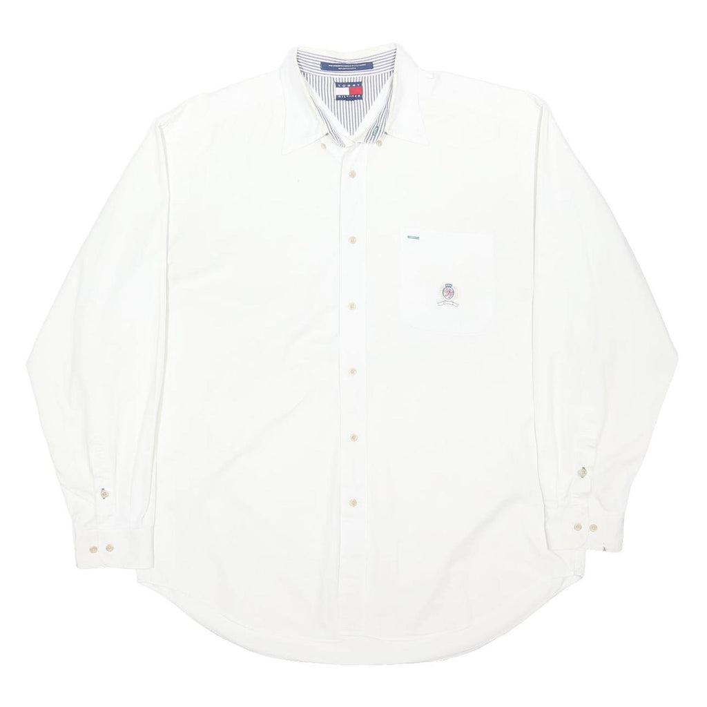 TOMMY HILFIGER Mens White Plain Long Sleeve Shirt L Button Down Collar Cotton