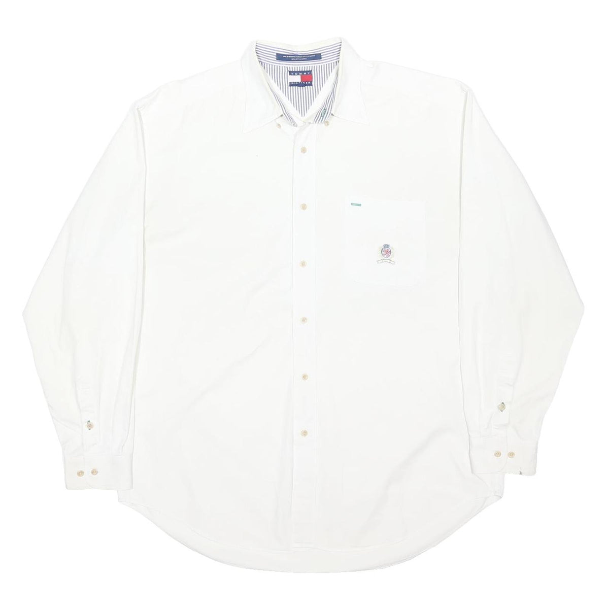 TOMMY HILFIGER Mens White Plain Long Sleeve Shirt L Button Down Collar Cotton
