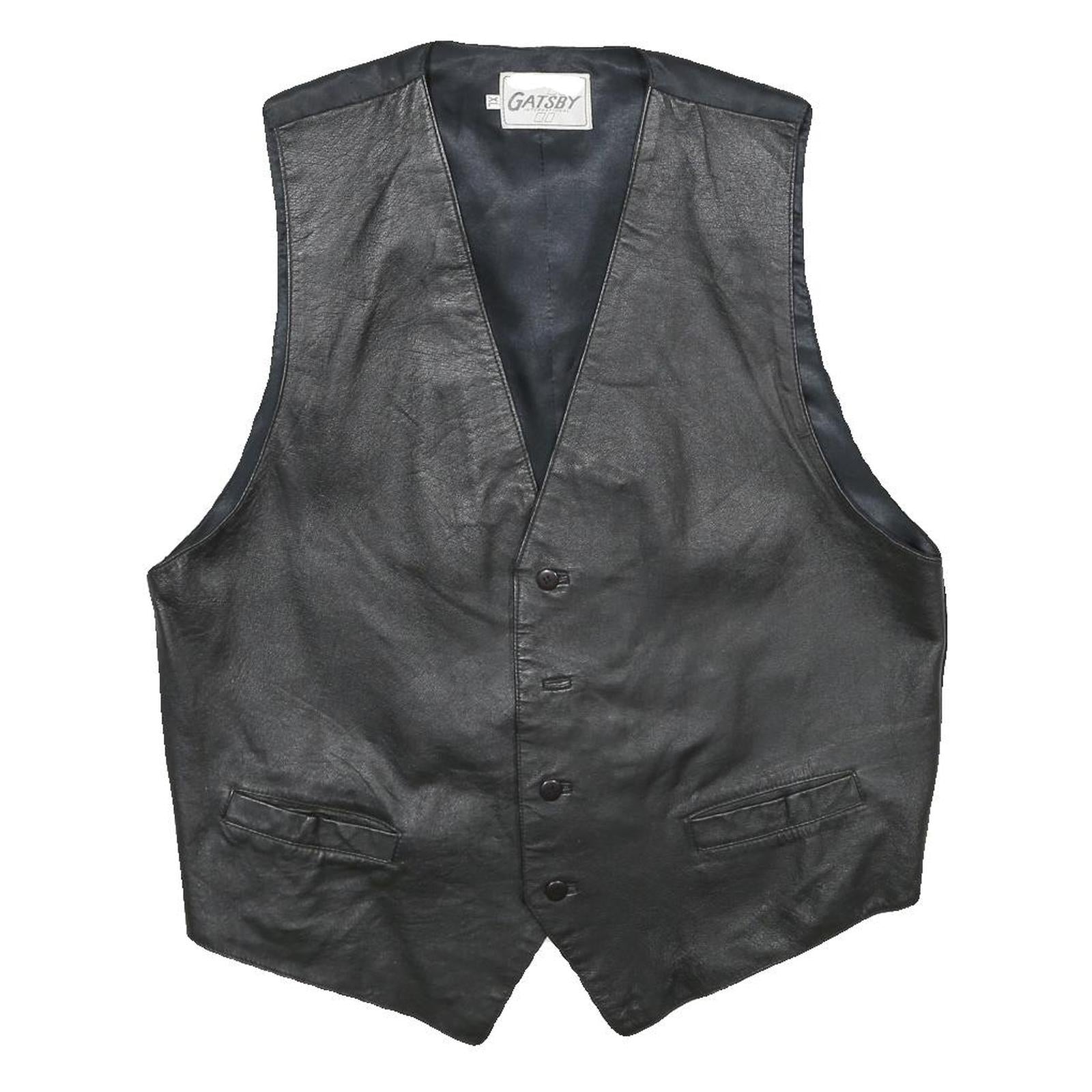 GATSBY INTERNATIONAL Mens Black Leather Button Jacket XL Waistcoat Plain Smooth