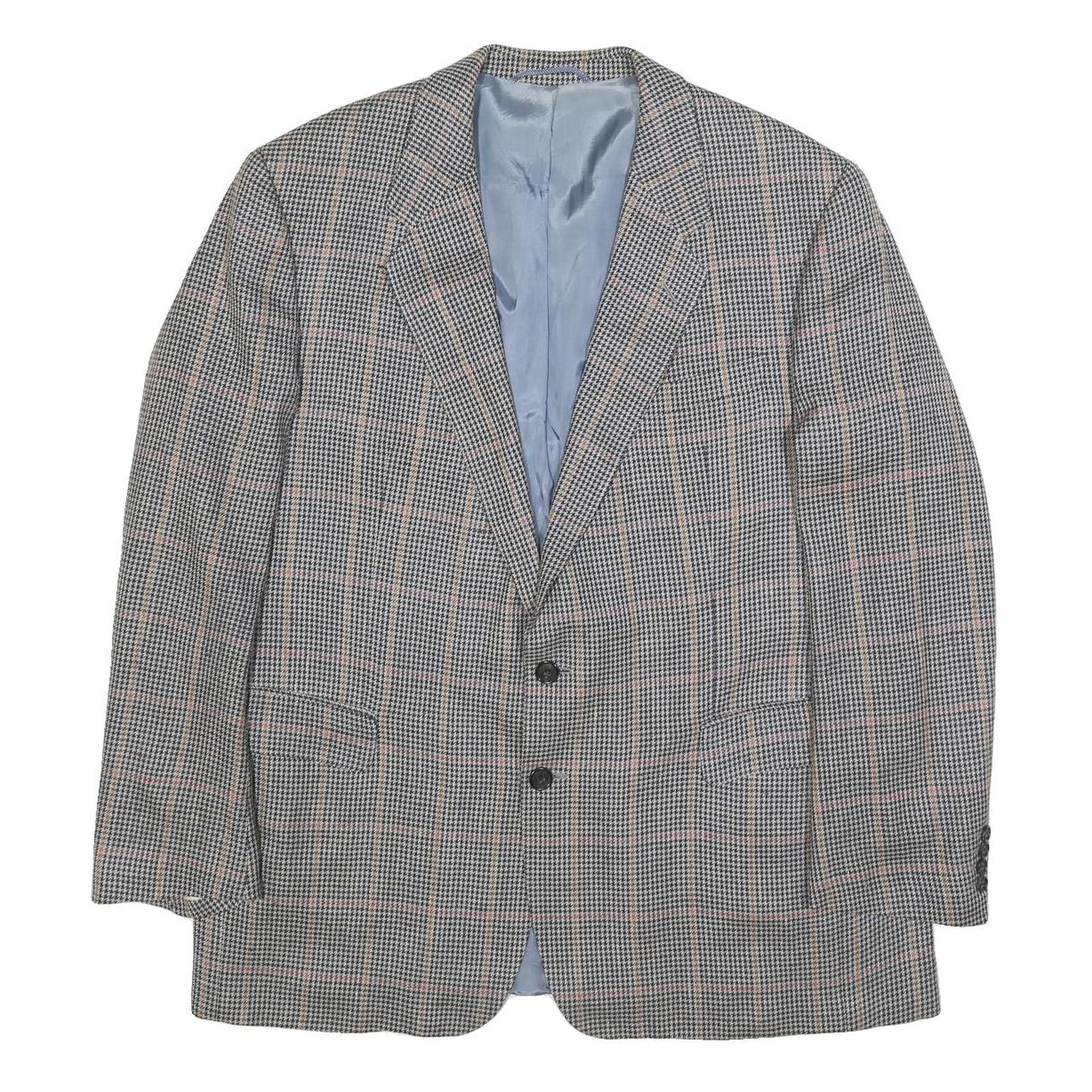HERMES Mens Grey & Pink Check Wool Tailored Jacket L Woven Button Closure