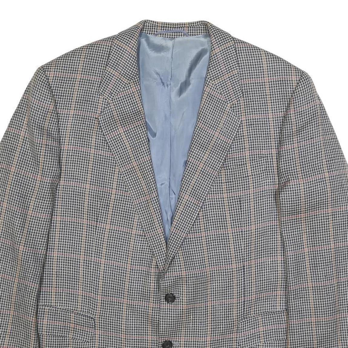HERMES Mens Grey & Pink Check Wool Tailored Jacket L Woven Button Closure
