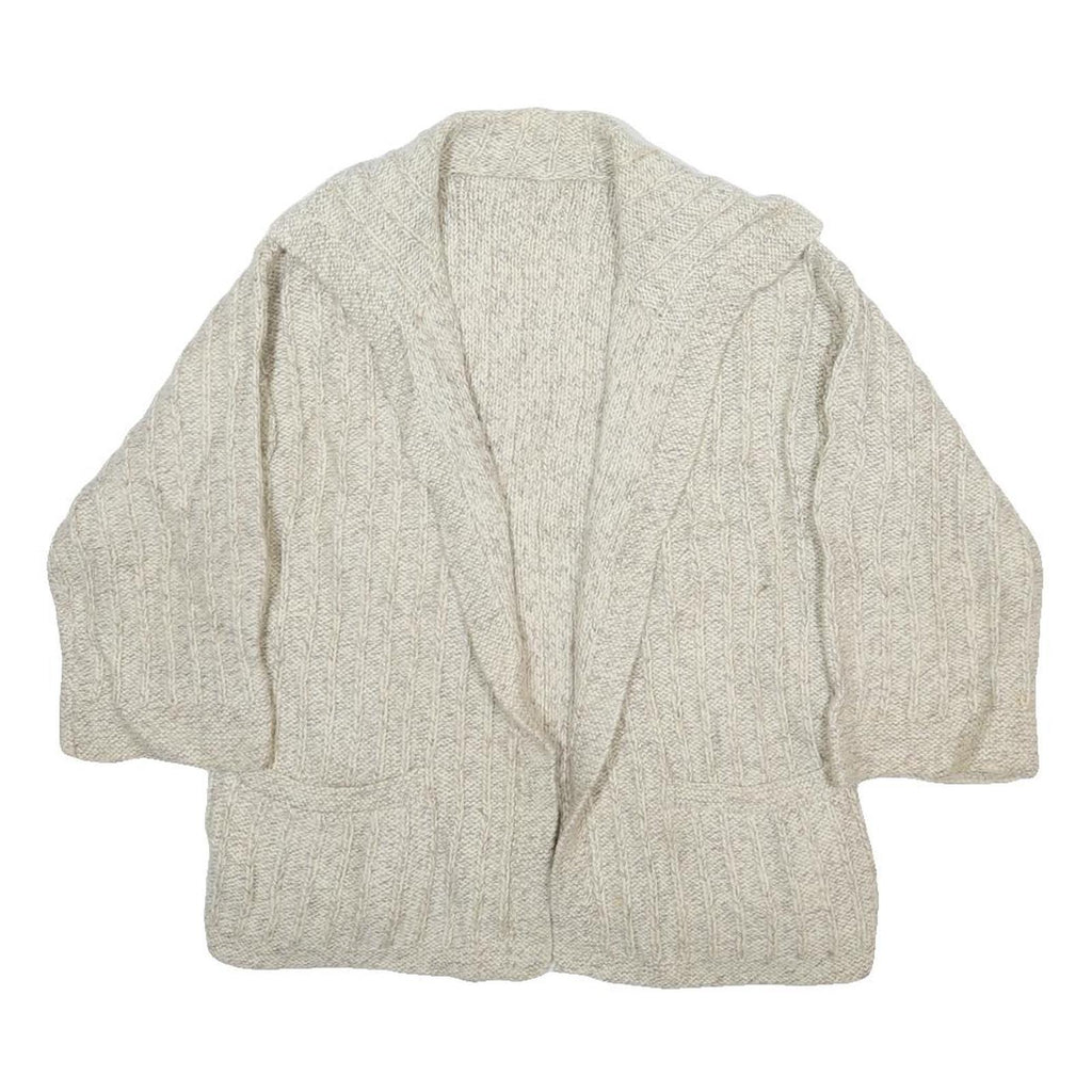 Womens Cream Hooded Plain Knit Jumper L Cable Knit Relaxed Fit Pocketed