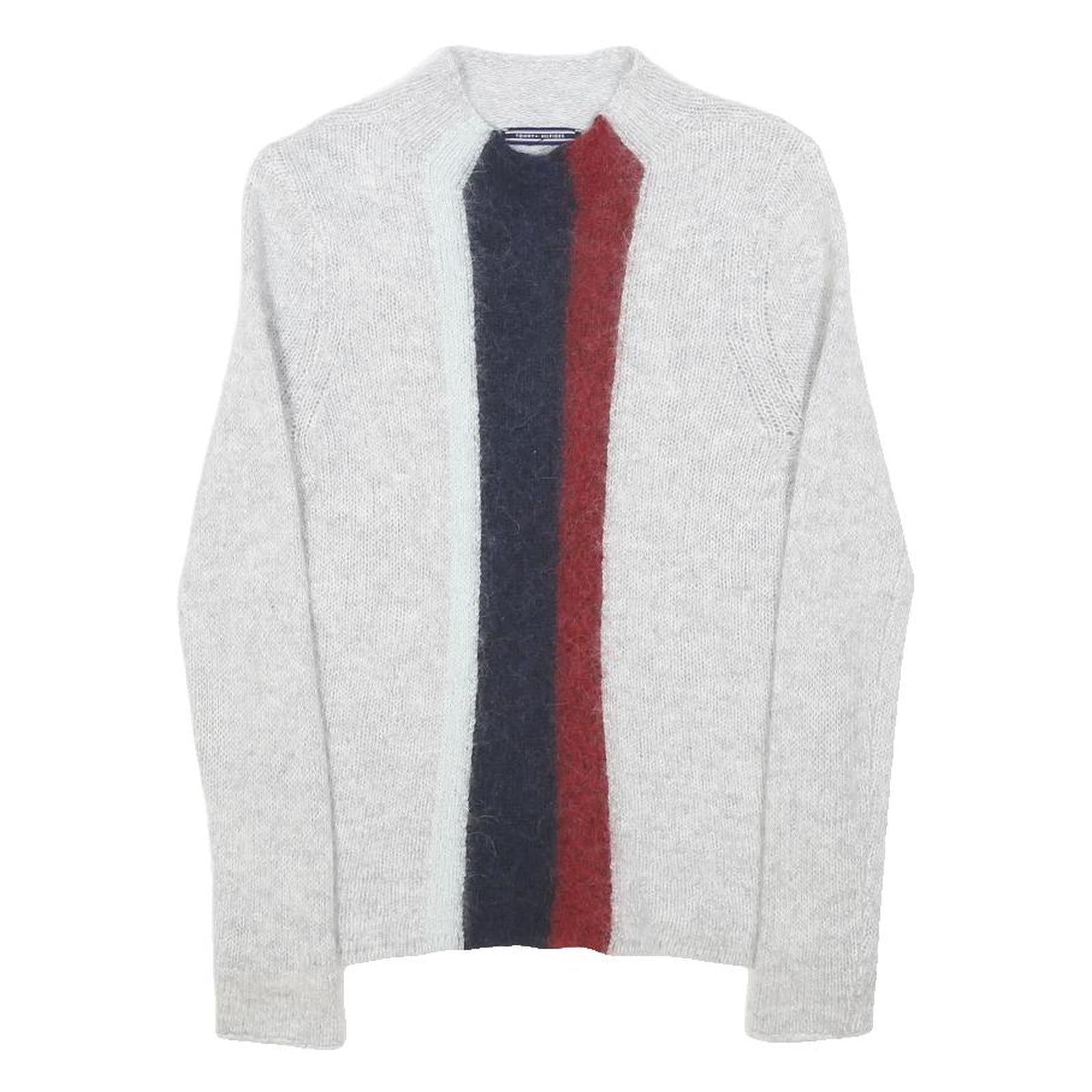 TOMMY HILFIGER Womens Grey Navy & Red Patterned Pullover Crew Neck Basic Knit UK