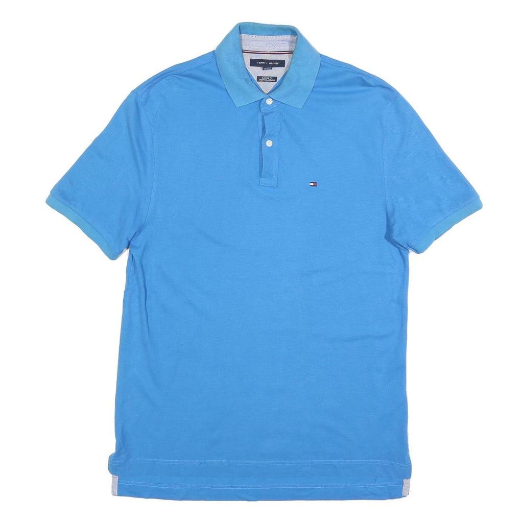 TOMMY HILFIGER Mens Blue Short Sleeve Plain Polo Shirt M Classic Fit Cotton