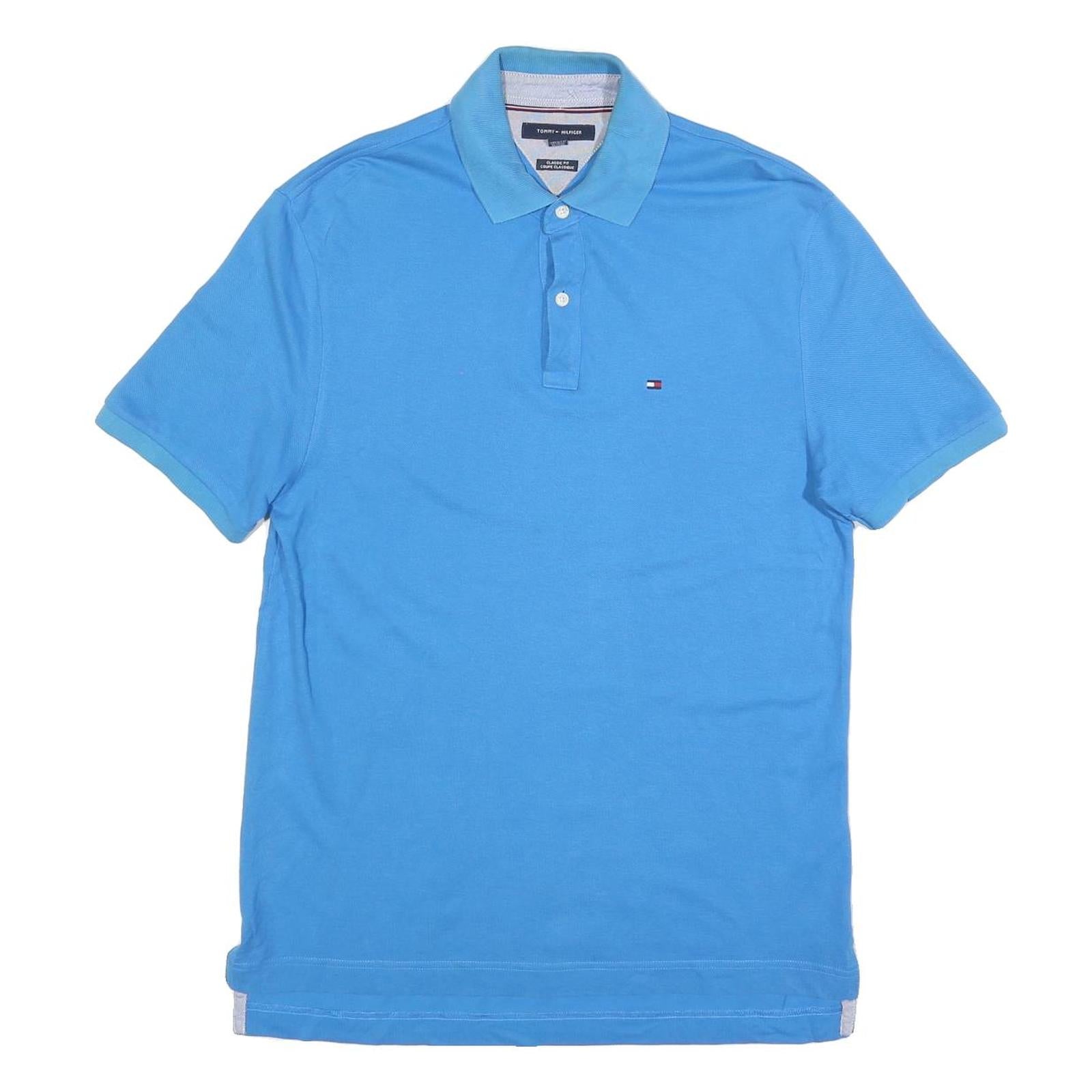 TOMMY HILFIGER Mens Blue Short Sleeve Plain Polo Shirt M Classic Fit Cotton