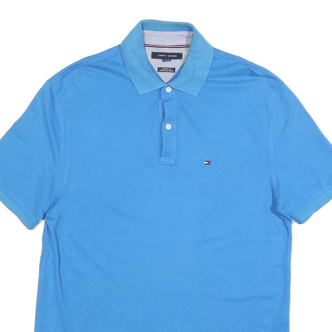 TOMMY HILFIGER Mens Blue Short Sleeve Plain Polo Shirt M Classic Fit Cotton