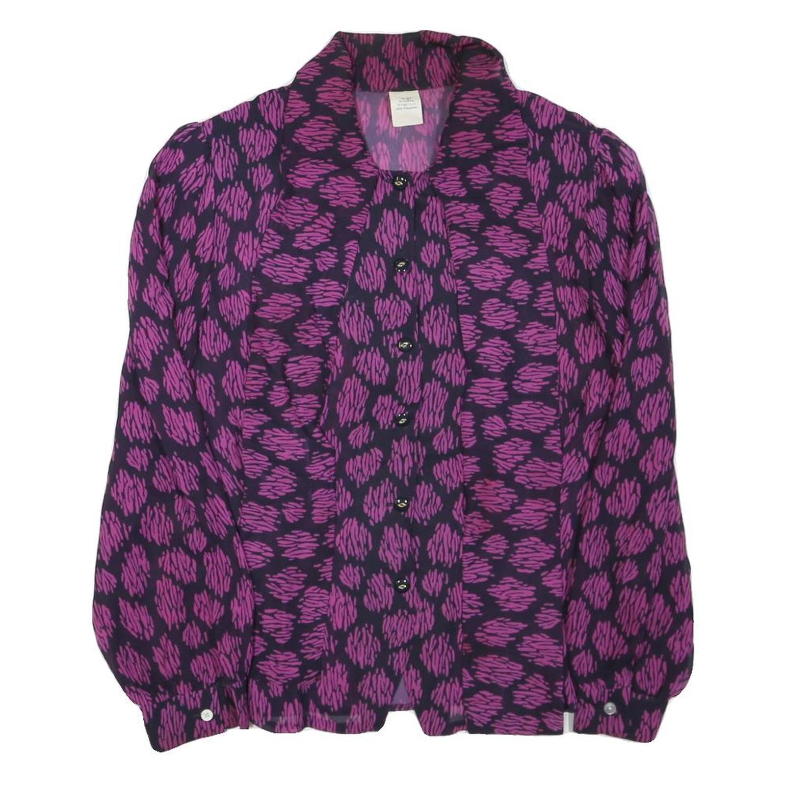 Womens Purple Black Printed Long Sleeve Collared Shirt M Button Front Polyester