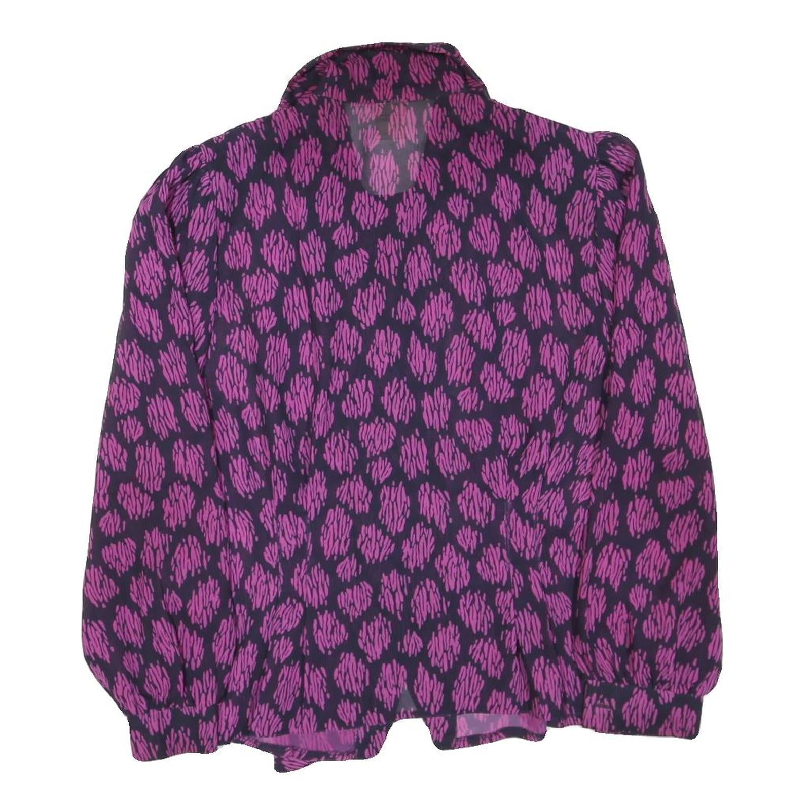 Womens Purple Black Printed Long Sleeve Collared Shirt M Button Front Polyester
