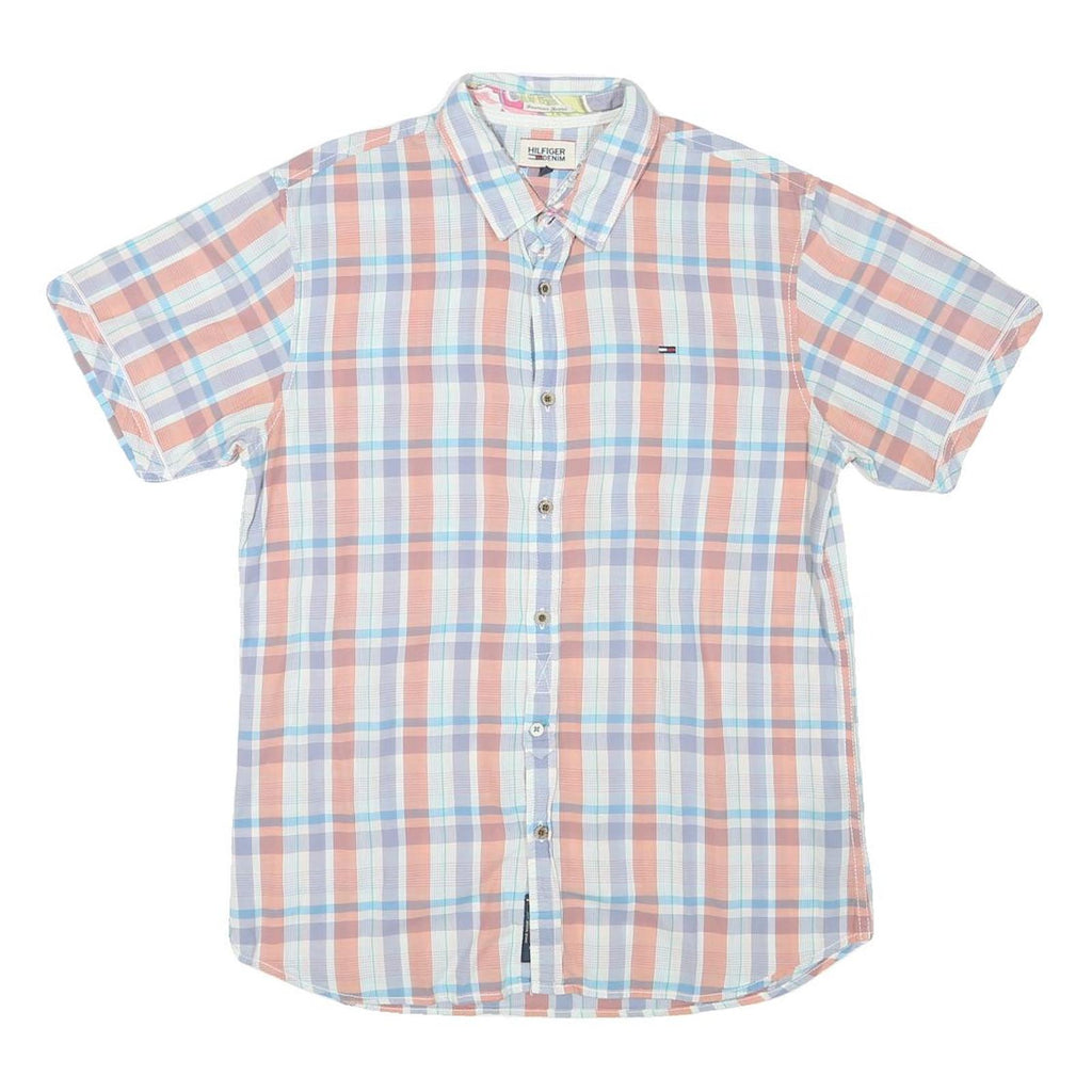 TOMMY HILFIGER Womens Blue & Peach Plaid Shirt L Short Sleeve Cotton Blend