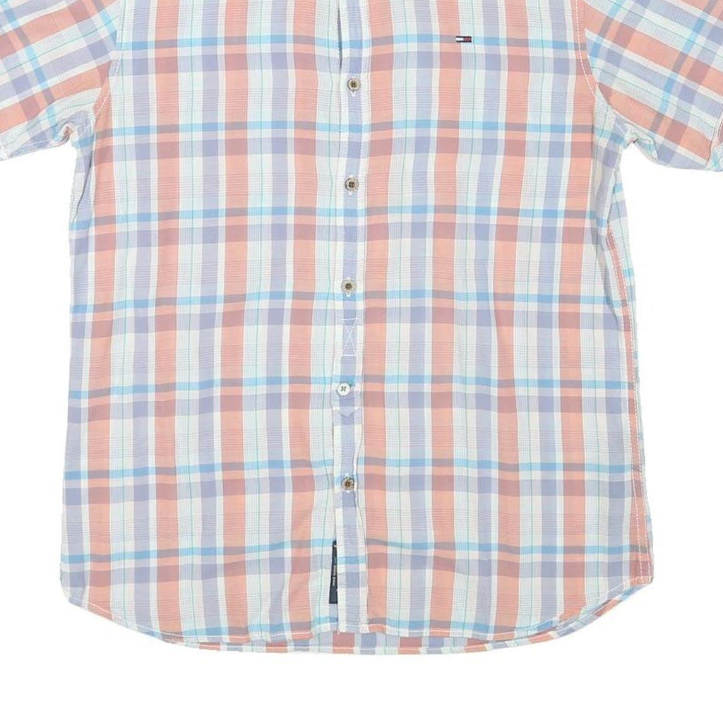 TOMMY HILFIGER Womens Blue & Peach Plaid Shirt L Short Sleeve Cotton Blend