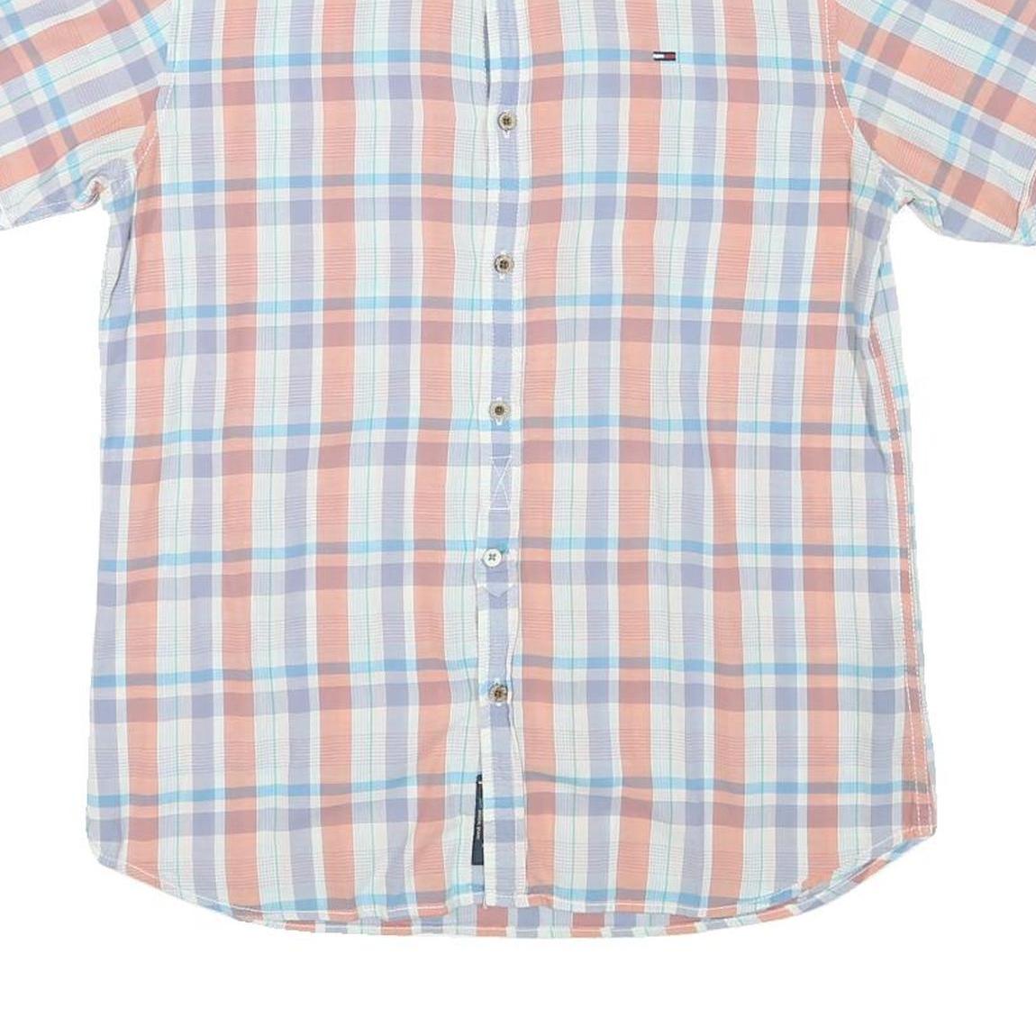 TOMMY HILFIGER Womens Blue & Peach Plaid Shirt L Short Sleeve Cotton Blend