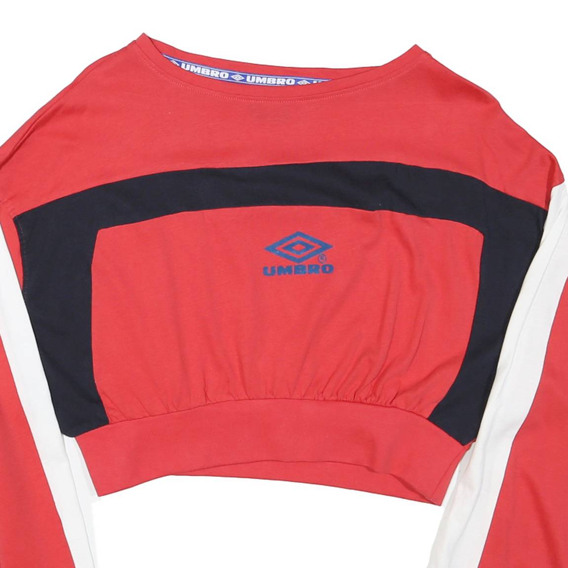 UMBRO Womens Red & Navy Graphic Crop T-Shirt S Long Sleeve Crew Neck Sportswear