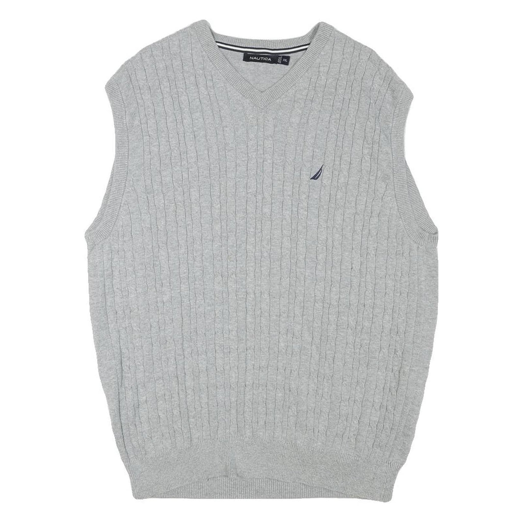 NAUTICA Mens Grey Cable Knit Jumper Sleeveless V-Neck Cotton Blend XL
