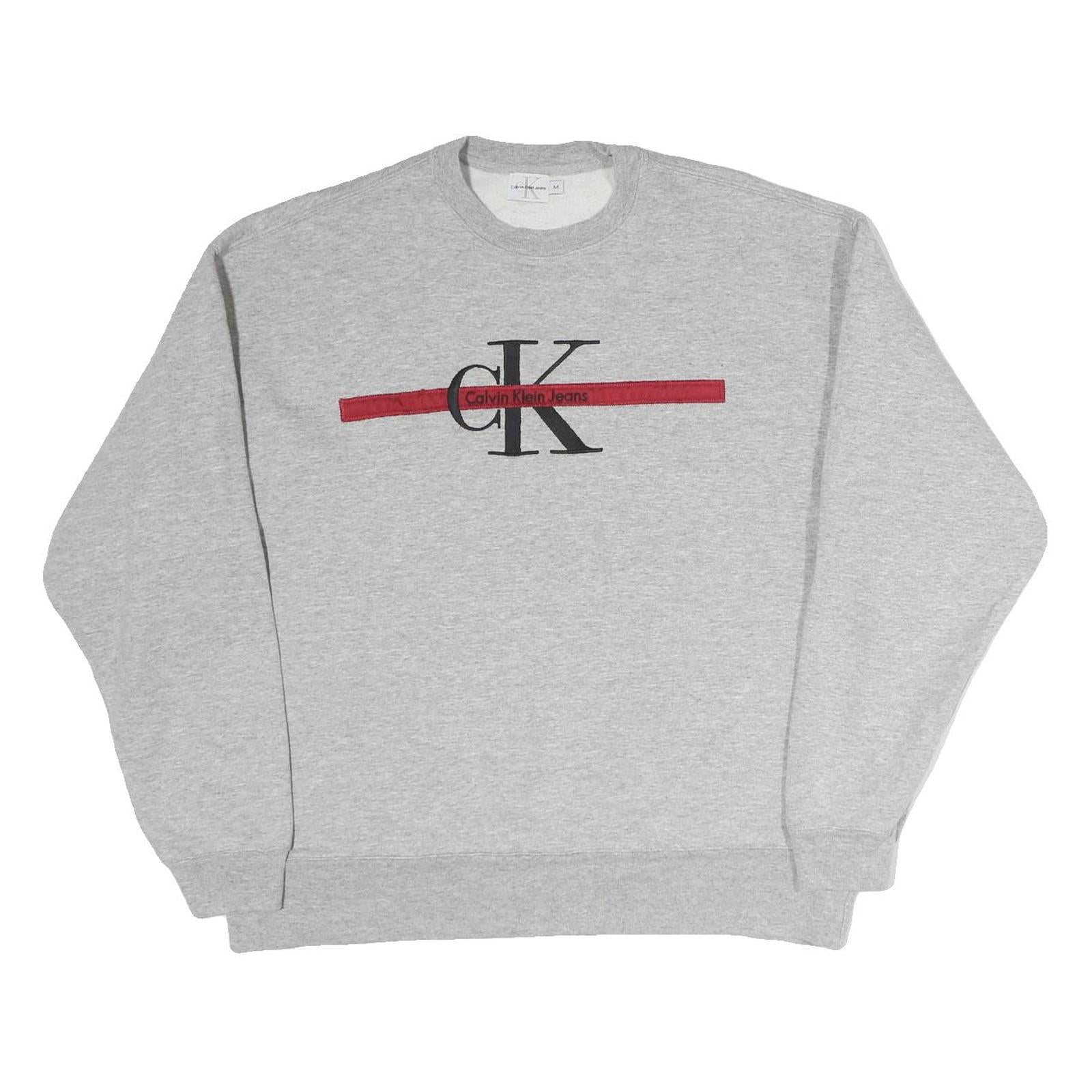 CALVIN KLEIN JEANS Mens Grey Crew Neck M Cotton Sweatshirt Logo Red Stripe