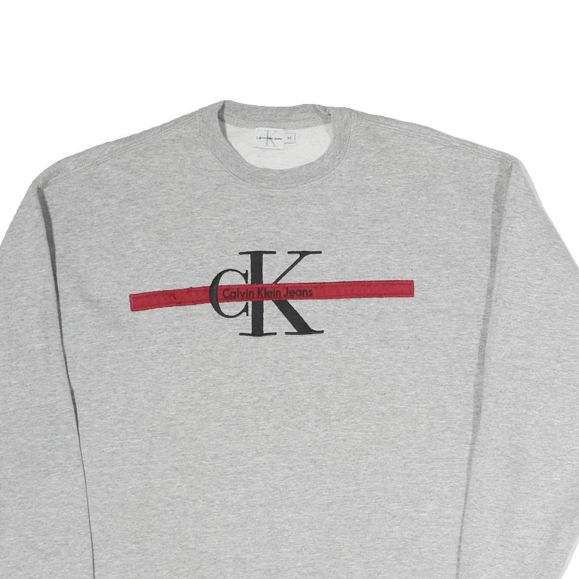 CALVIN KLEIN JEANS Mens Grey Crew Neck M Cotton Sweatshirt Logo Red Stripe