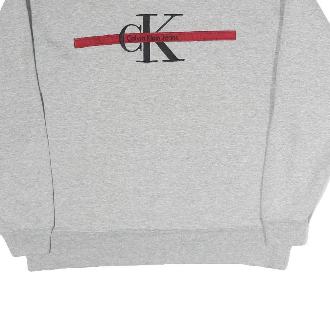 CALVIN KLEIN JEANS Mens Grey Crew Neck M Cotton Sweatshirt Logo Red Stripe