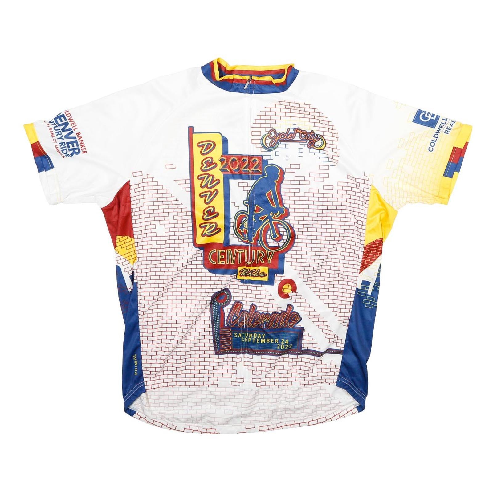 PRIMAL Mens White Yellow Blue Denver Century Ride 2XL Short Sleeve Zip Neck