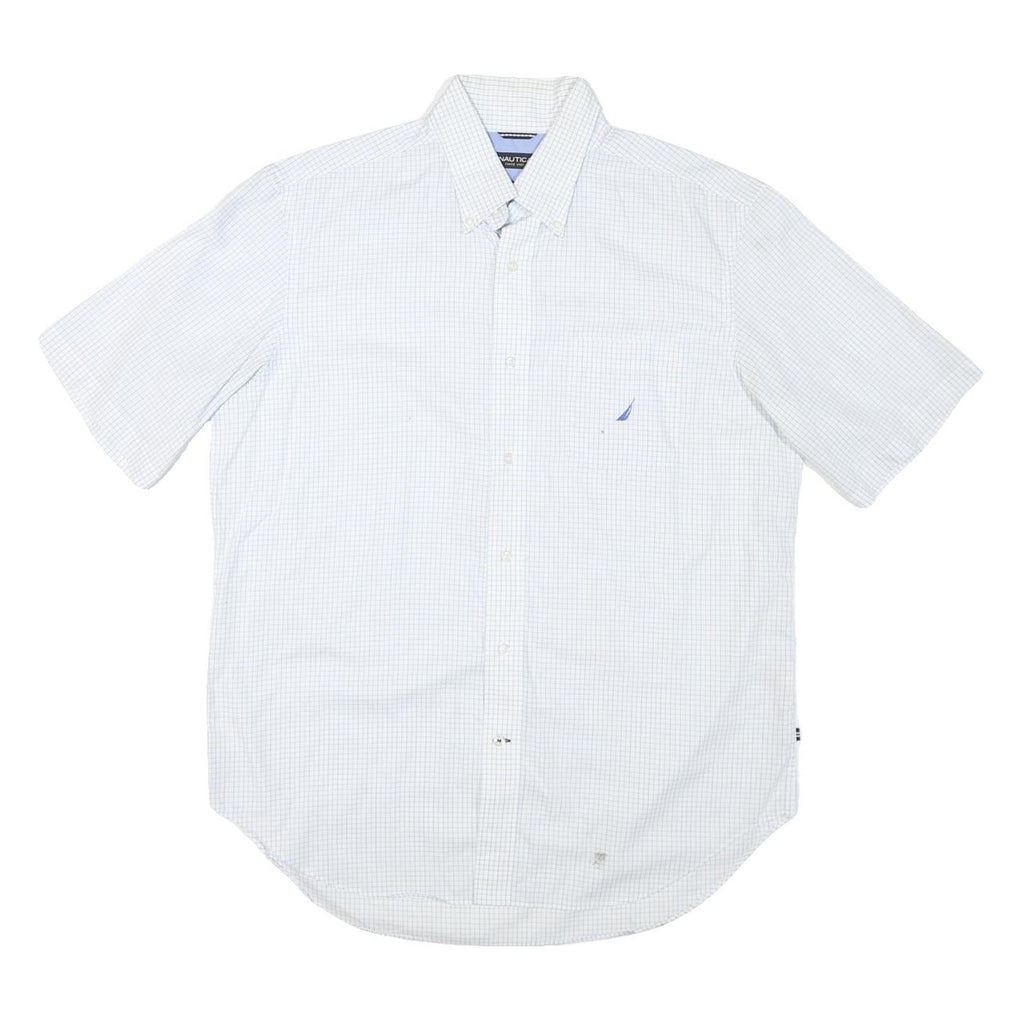 NAUTICA Mens White Blue Check Shirt L Cotton Blend Button Down Casual Summer