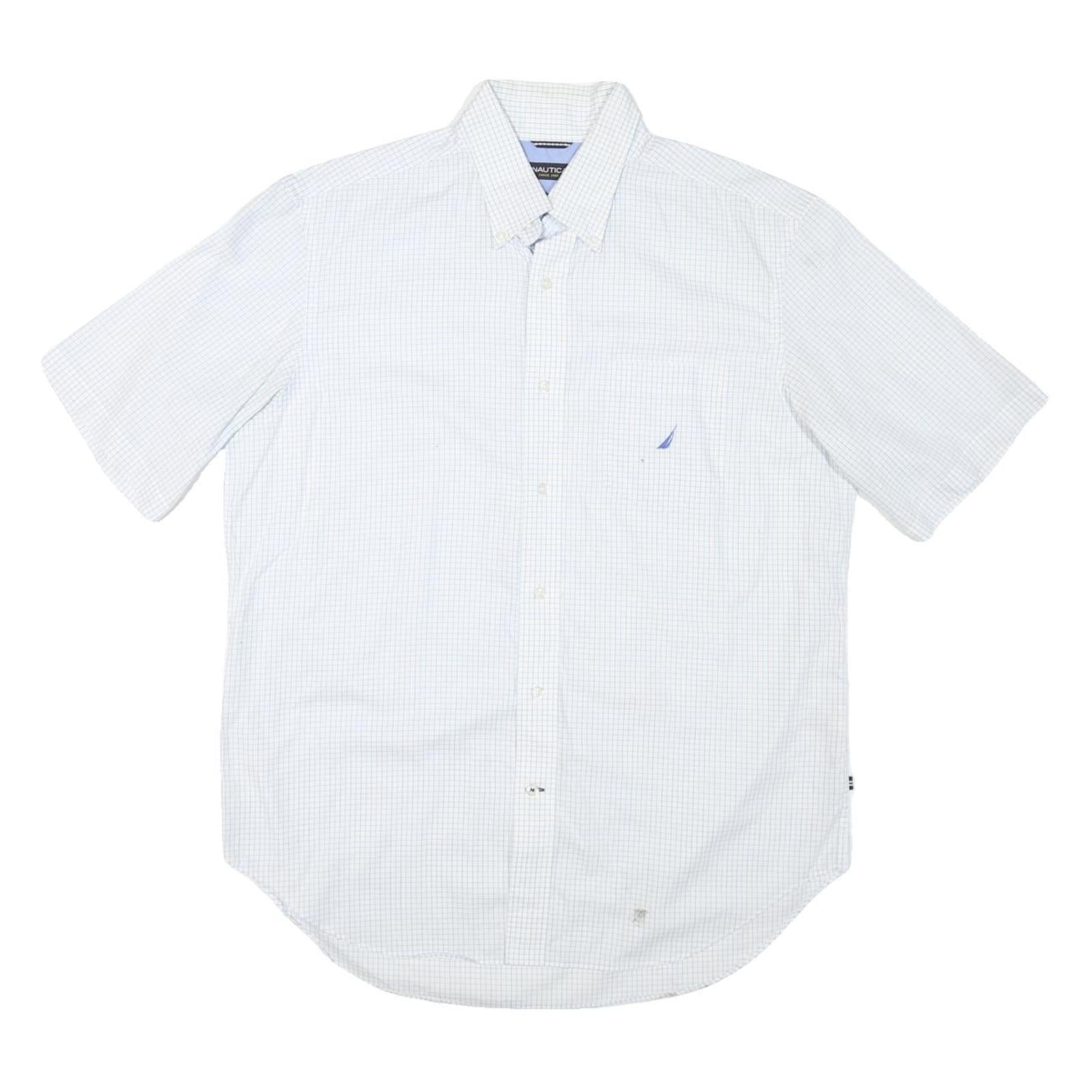 NAUTICA Mens White Blue Check Shirt L Cotton Blend Button Down Casual Summer