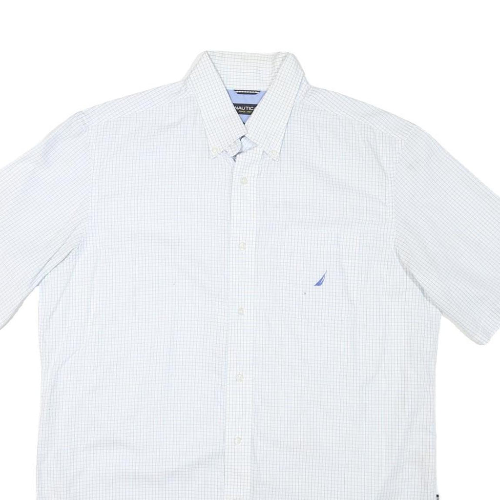 NAUTICA Mens White Blue Check Shirt L Cotton Blend Button Down Casual Summer