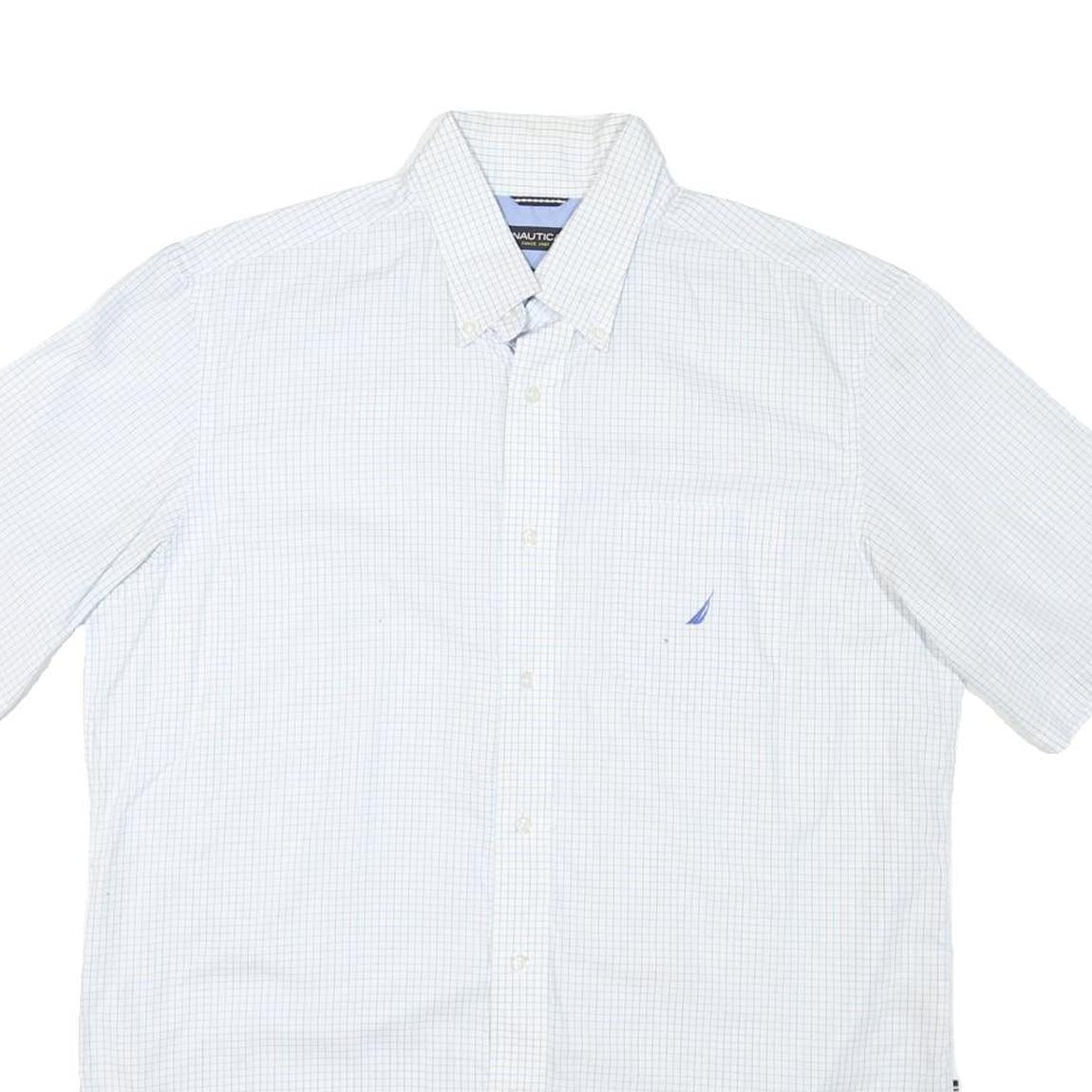 NAUTICA Mens White Blue Check Shirt L Cotton Blend Button Down Casual Summer