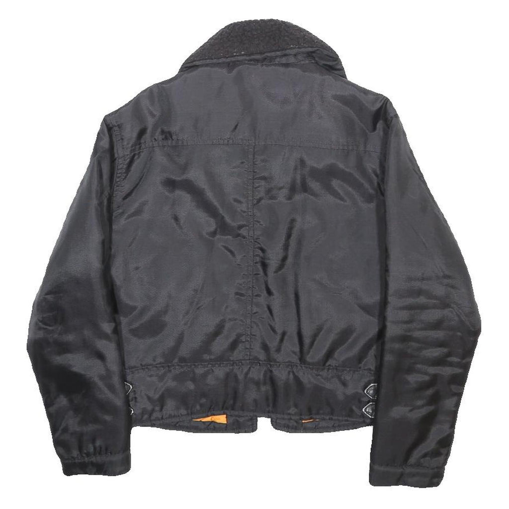 BIG STAR Womens Black Nylon Bomber Jacket S Zip Faux Fur Collar Pocket Style