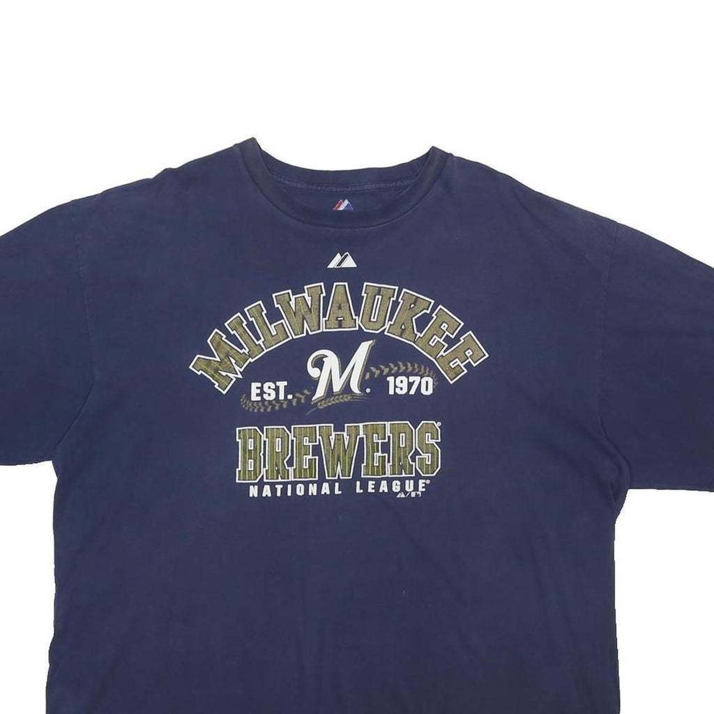MAJESTIC Mens Navy Blue Milwaukee Brewers Graphic T-Shirt 2XL Short Sleeve Crew
