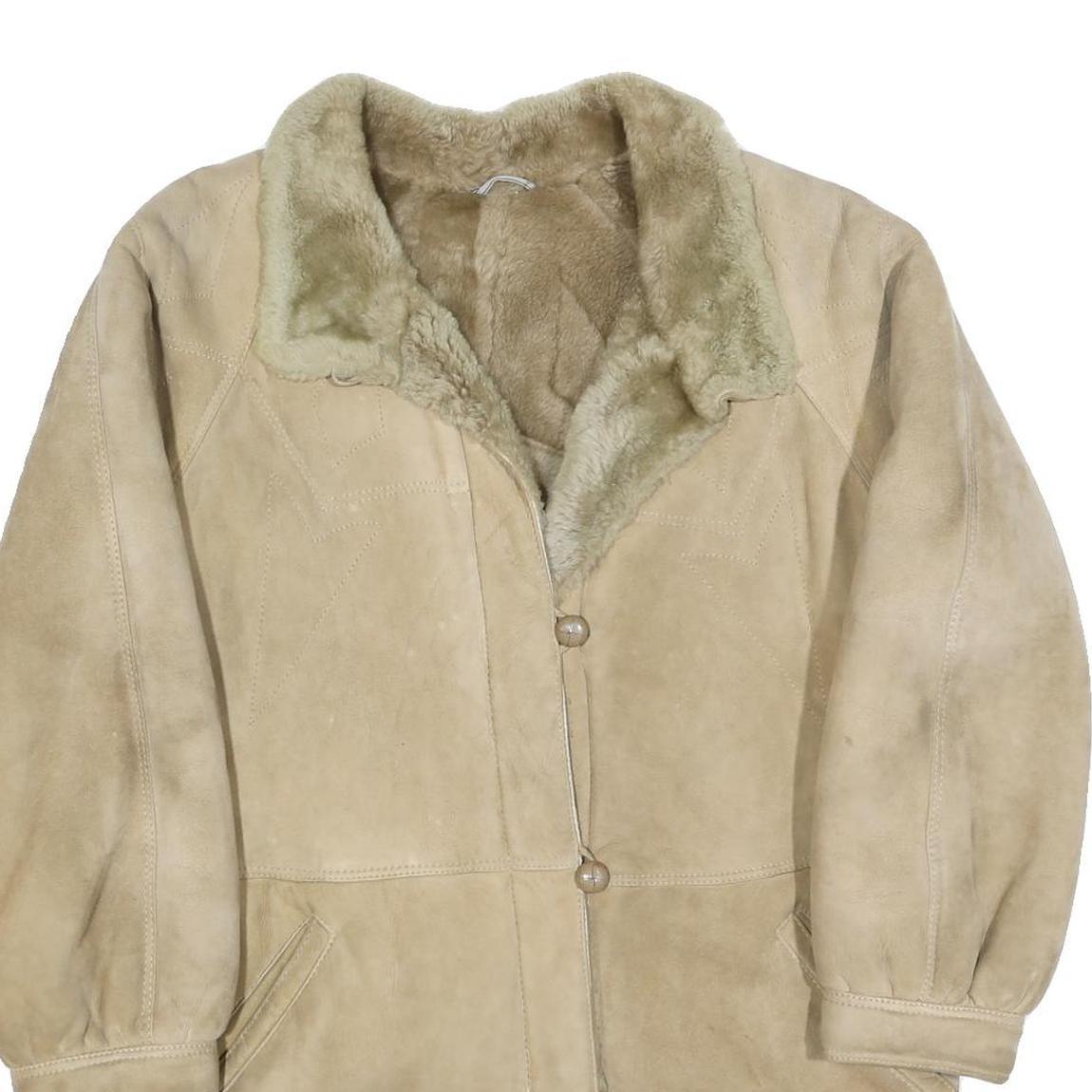 Womens Beige Leather Button Jacket M Suede Shearling Winter Coat Outerwear
