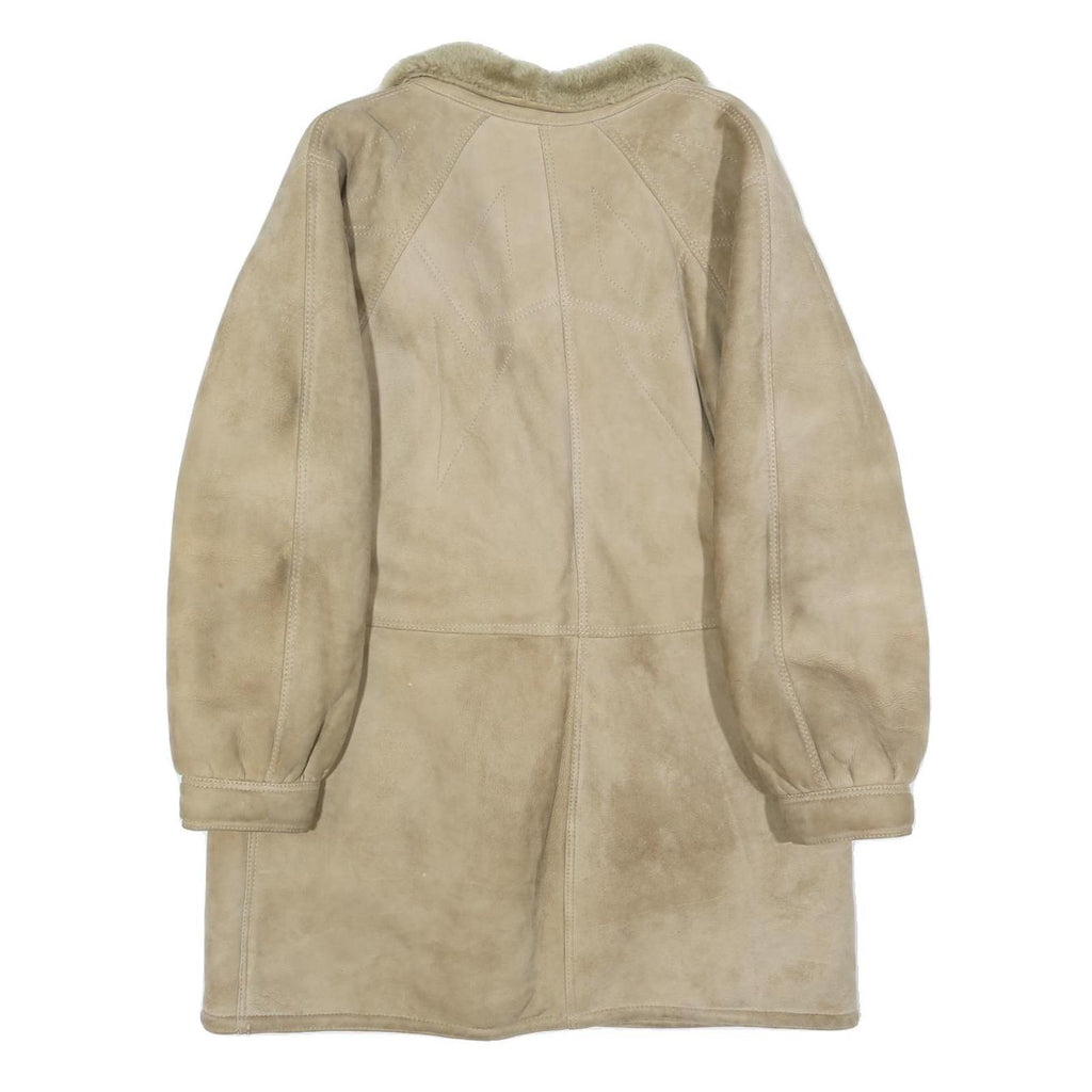 Womens Beige Leather Button Jacket M Suede Shearling Winter Coat Outerwear
