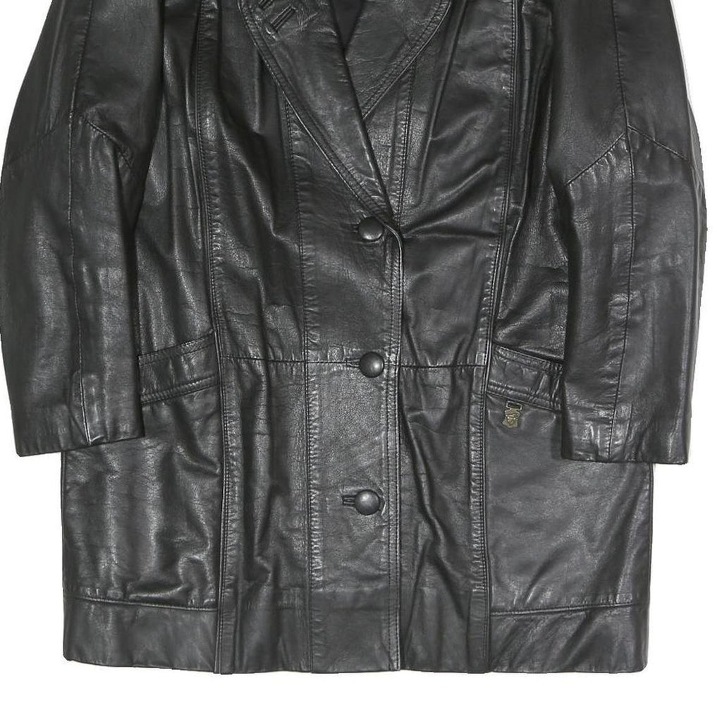 Womens Black Faux Leather Button Jacket L Woven Classic Stylish Outerwear